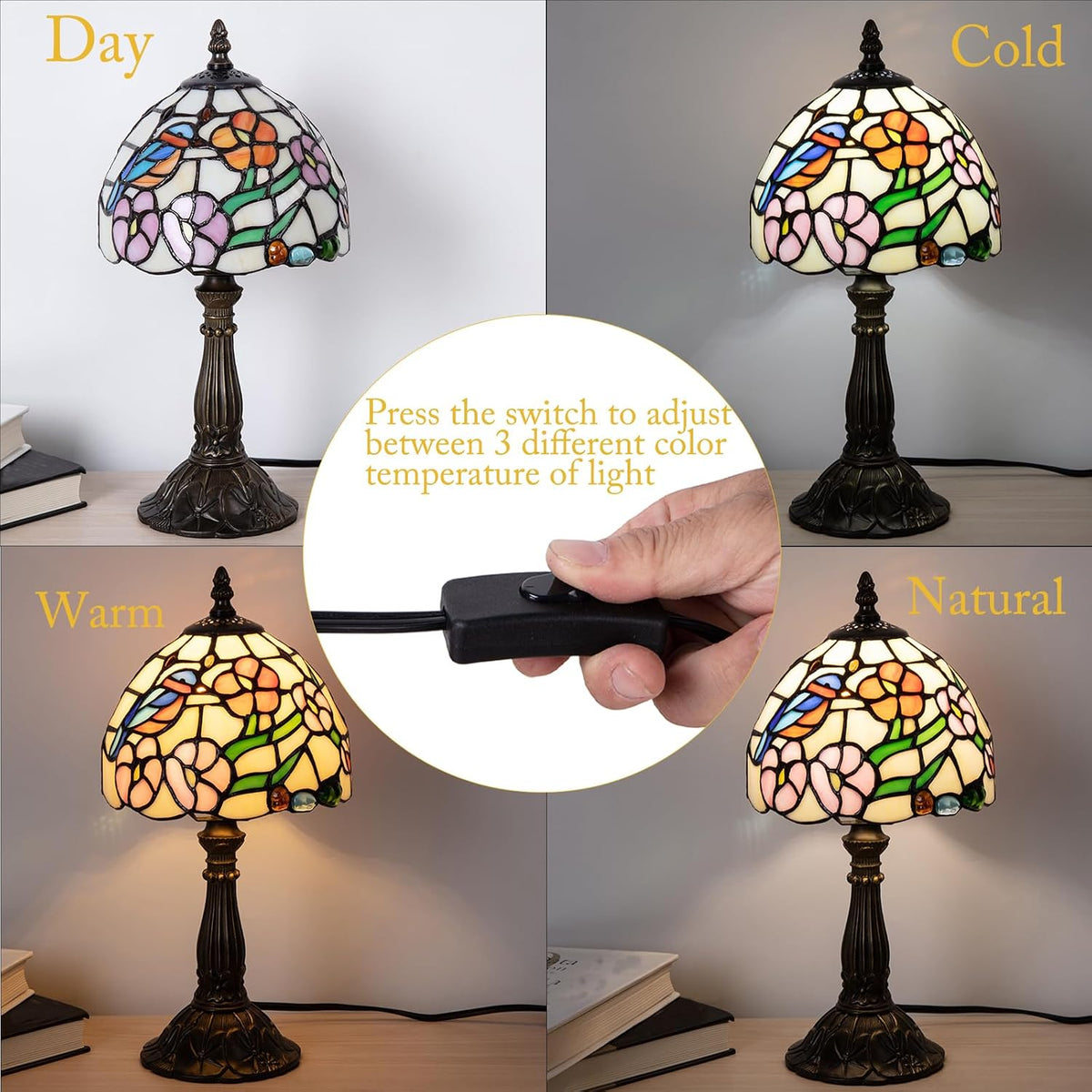 Small Tiffany Style 8 inch Bird Flower Stained Glass Table Lamp