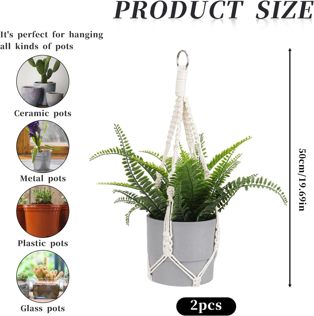 Macrame Plant Hanger, 2 Pack Boho Hanging Planters Baskets for Indoor Plants Decorative Braided Cotton Rope Flower Pot Holder with Metal Hook Rings for Outdoor Home Decor, No Tassels, Ivory, 20 Inchs