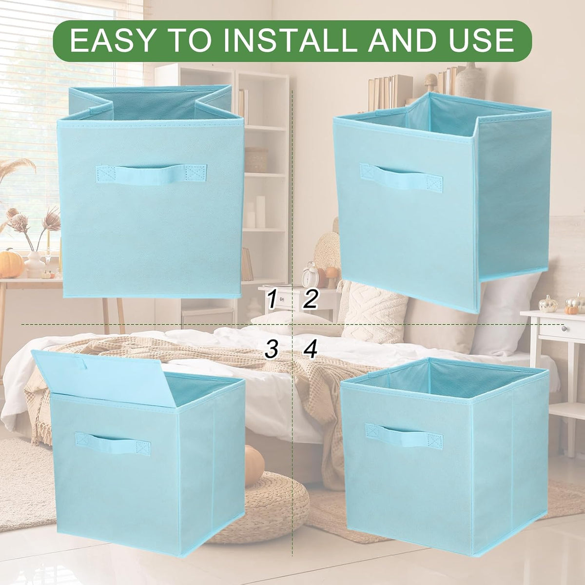 uxcell 3Pcs Fabric Storage Bins, 11 Inch Cube Storage Bin Foldable Storage Cube Organizer Bins with Handles for Shelf Closet, Nursery Home, Bedroom(White)
