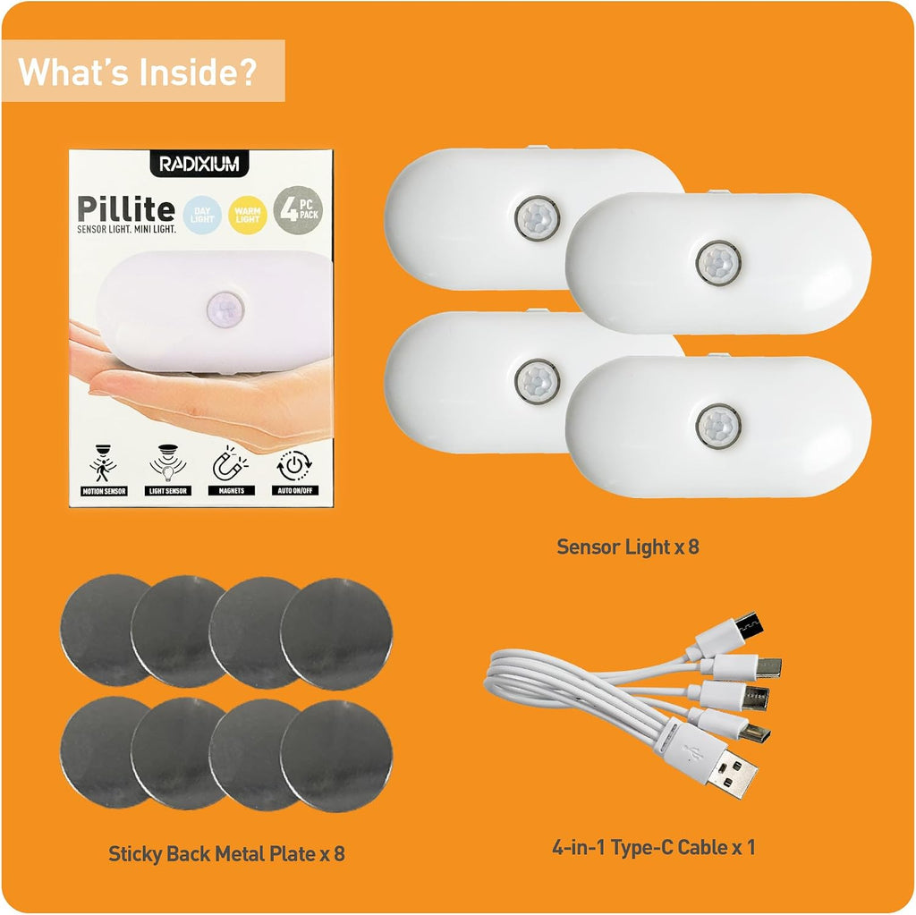 Rechargeable Motion Sensor Night Light, 2-Color White & Warm Toilet Light with Auto/On Mode, Magnetic & Adhesive Installation for Bathroom, Bedroom, Hallway (4 Pack)