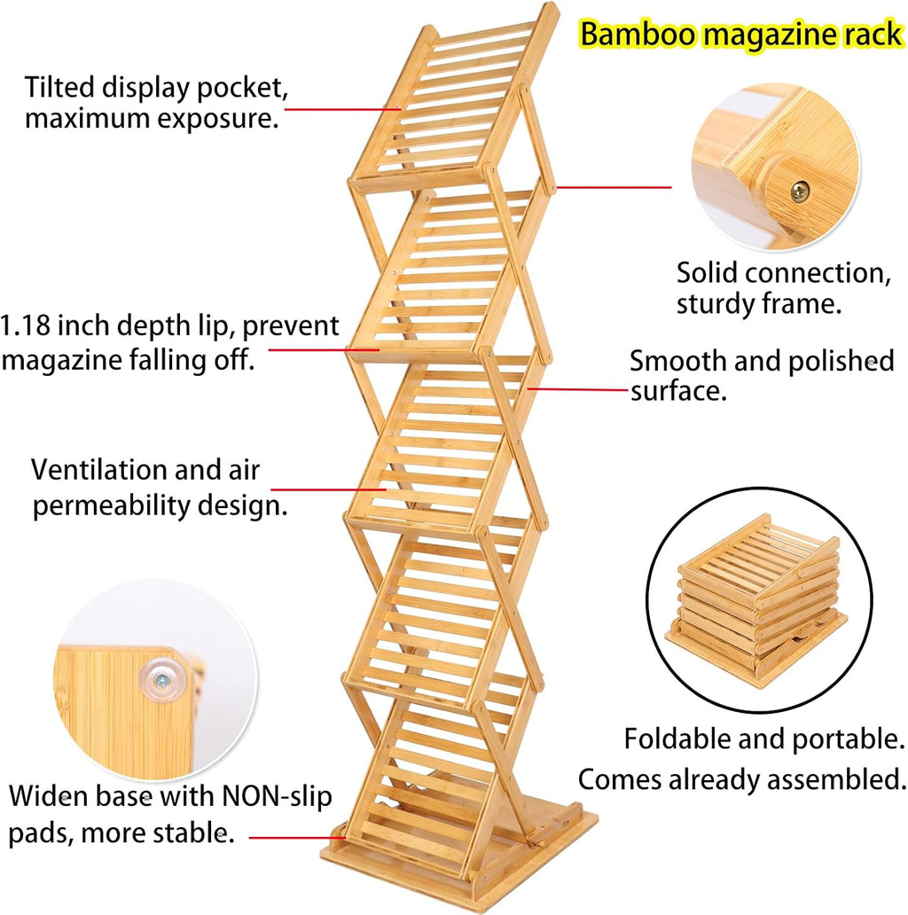 DuvinDD Foldable Bamboo Magazine Rack Floor, A4 Size, 57 inch Tall