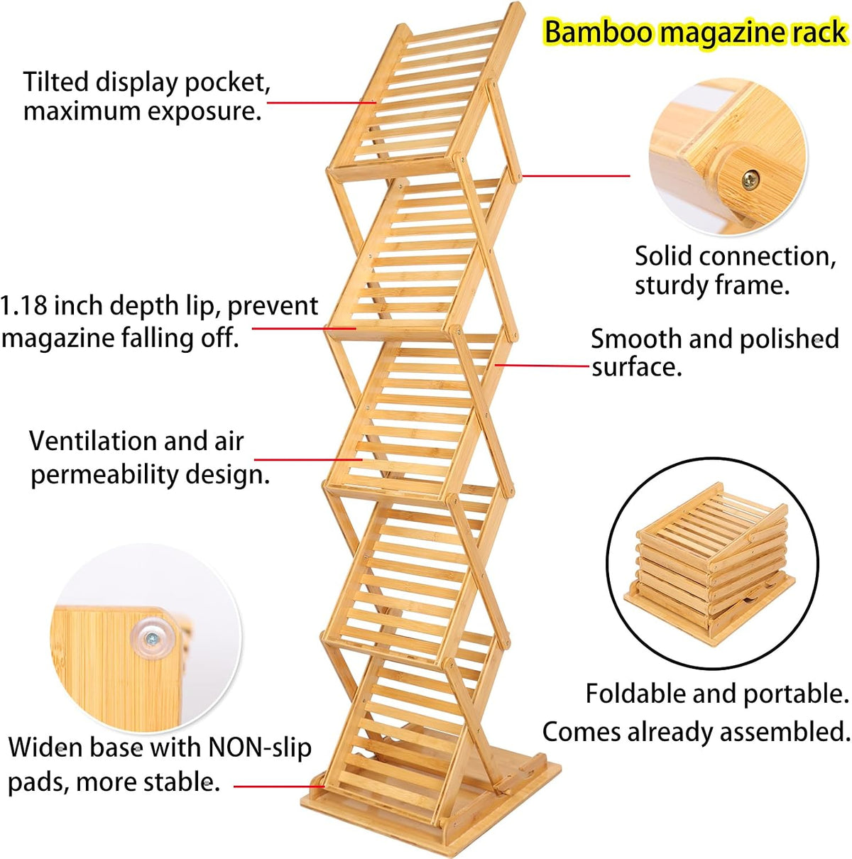 DuvinDD Foldable Bamboo Magazine Rack Floor, A4 Size, 57 inch Tall