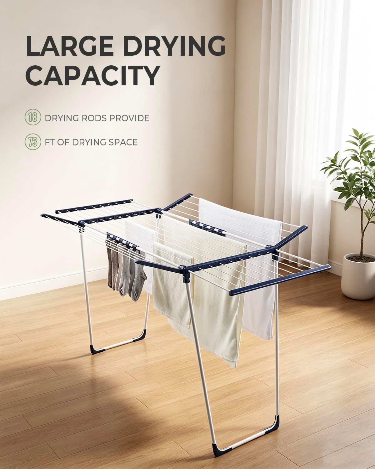 JS HANGER Extendable Clothes Drying Rack with Fold-Out Wings & Sock Clips, Expands from 41" to 67", Extra Wide Laundry Drying Rack Indoor Outdoor, Folding Rack for Clothes, Towels & Delicates