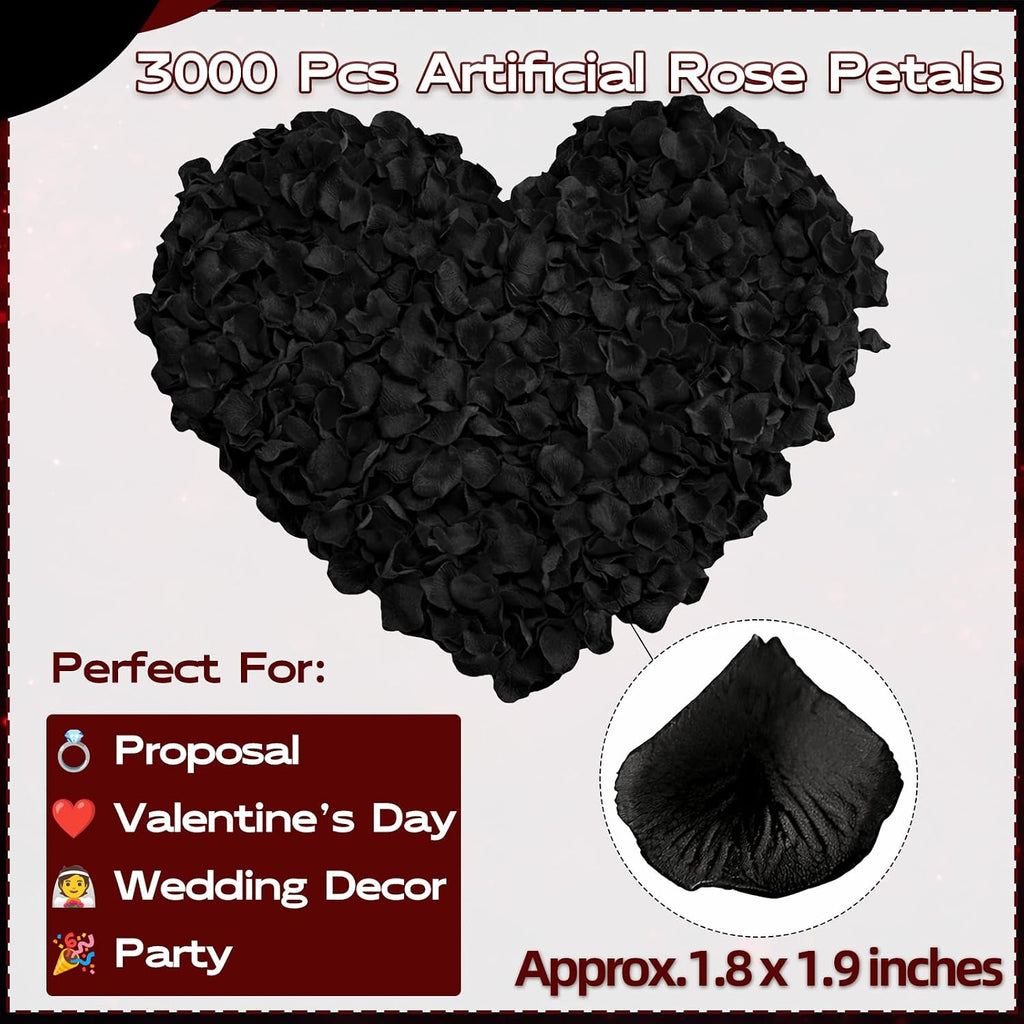 3000 Pcs Rose Petals Artificial Flowers Silk Petals Table Scatters for Romantic Special Night Decorations, Weddings, Valentine's Day, Proposals, Anniversaries, Bridal Showers Party Decor (Black)