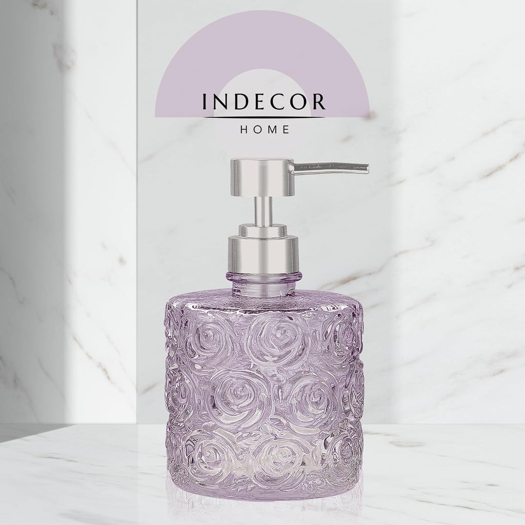 Marcella Glass Soap Dispenser with Soap Pump, Refillable 14 Ounce Capacity, Floral Design Rose Patterns, Heavy Weight Thick Glass for Bathroom, Premium Kitchen Soap Dispenser Lavender