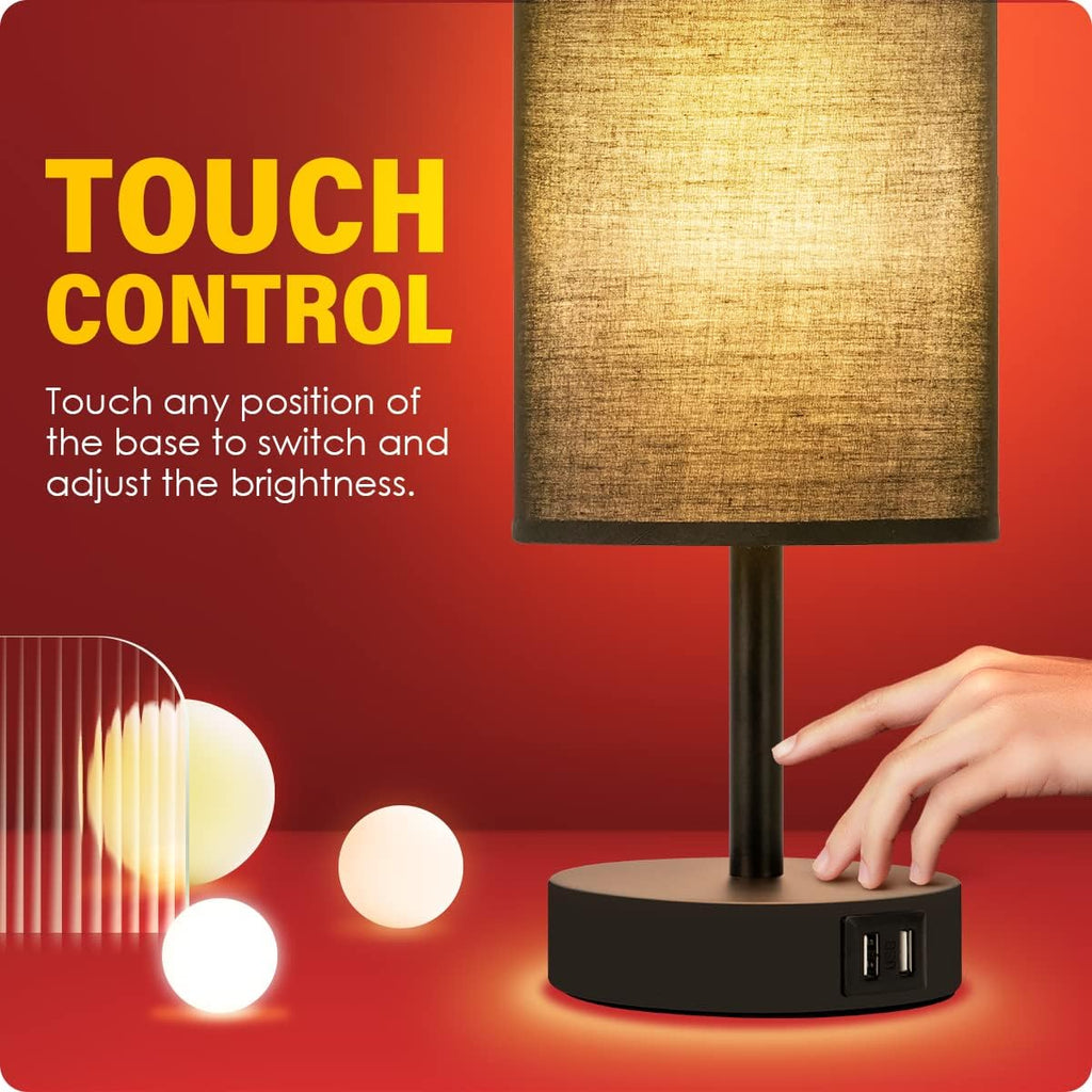 Yarra-Decor Bedside Lamps with USB Port - Touch Control Table Lamp for Bedroom 3 Way Dimmable Nightstand Lamp Set of 2 with Round Black Fabric Shade for Living Room, Dorm, Home Office (Black, 2 Pack)