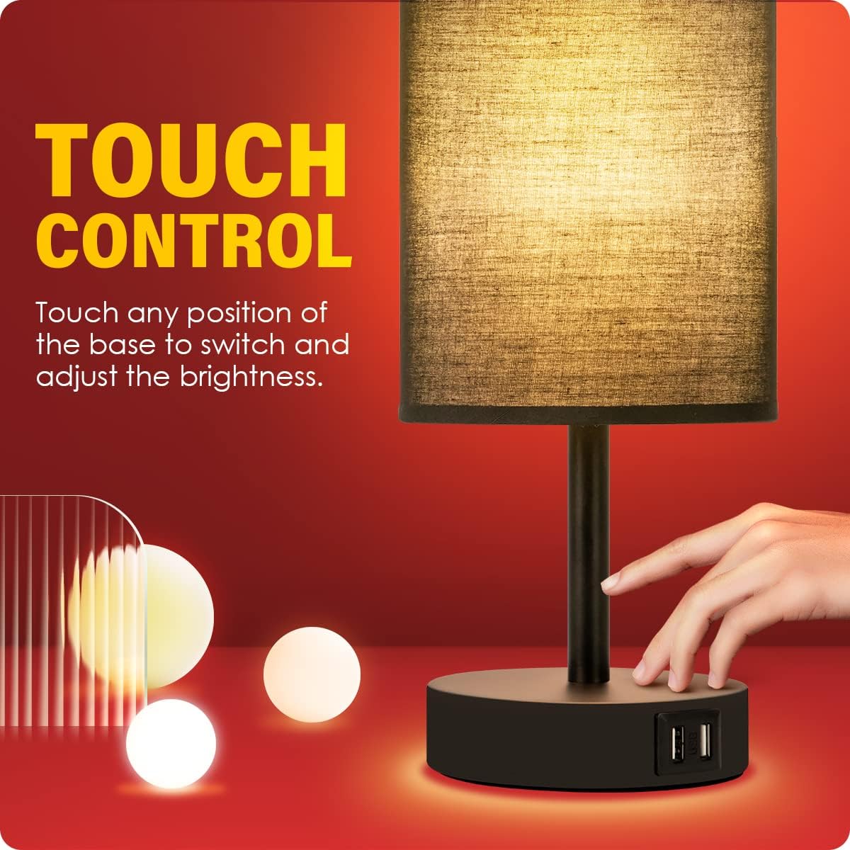 Yarra-Decor Bedside Lamps with USB Port - Touch Control Table Lamp for Bedroom 3 Way Dimmable Nightstand Lamp Set of 2 with Round Black Fabric Shade for Living Room, Dorm, Home Office (Black, 2 Pack)