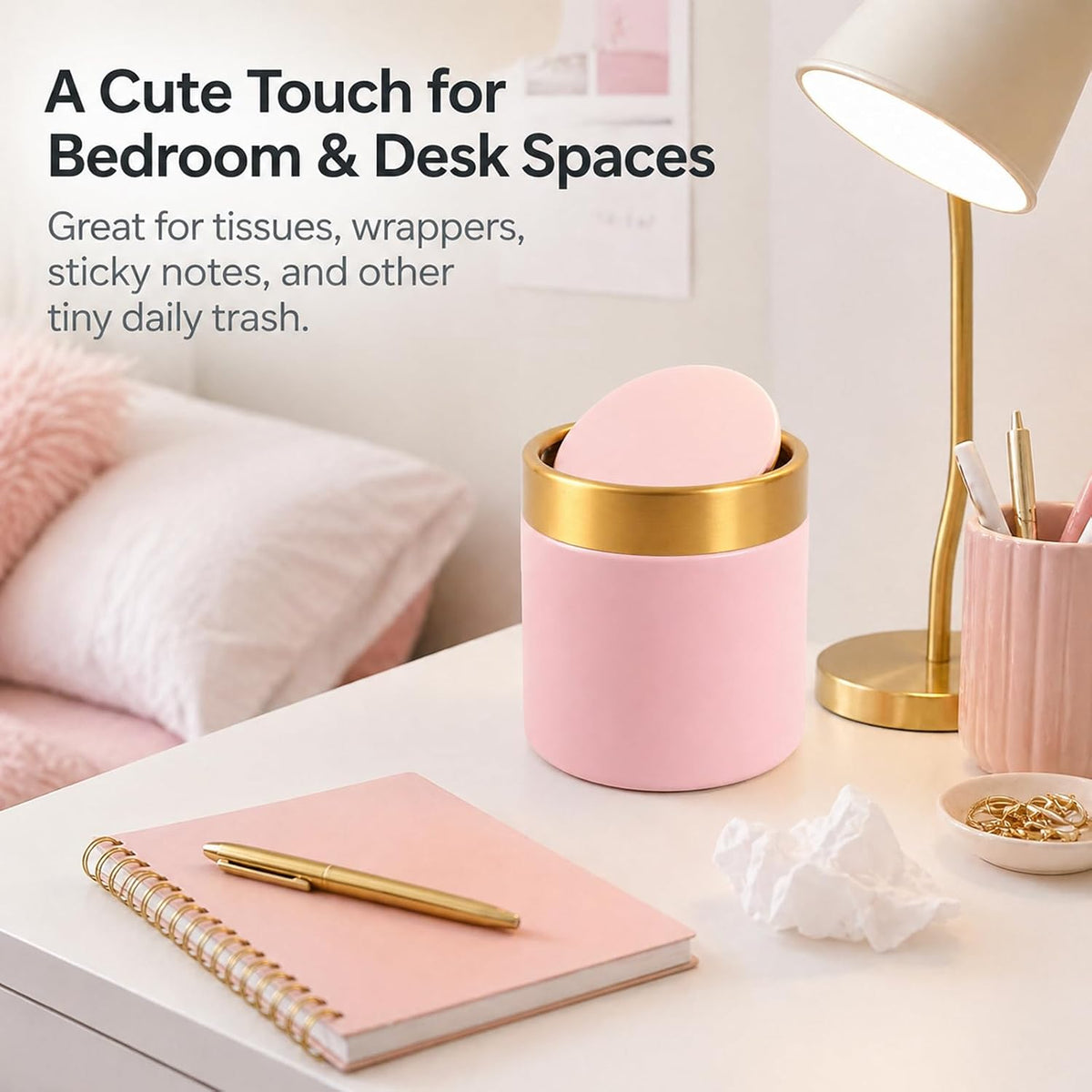 Pink Mini Trash Can with Swing Lid, 0.4 Gal Metal Countertop Bin