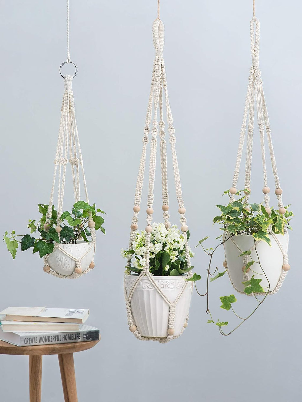 Mkono 3 Pack Macrame Plant Hangers Hanging Planters for Indoor Plants Ivory