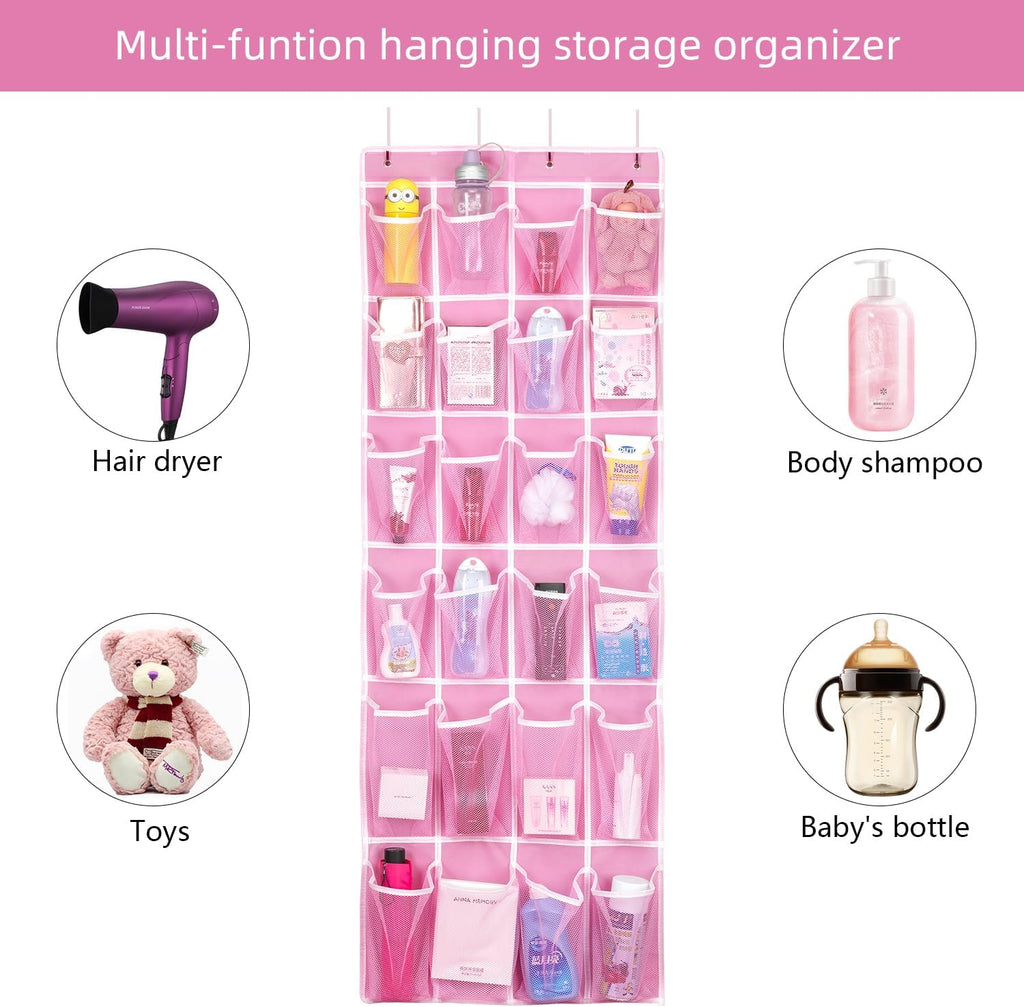 SAVERHO 2 Pack Hanging Shoe Organizer, Over Door Shoe Organizer with 24 Mesh Large Pockets Shoe Storage Bag for Closet Entryway Dorm, Space Saving Hanging Door Shoe Rack Organizer (Pink-2pack)