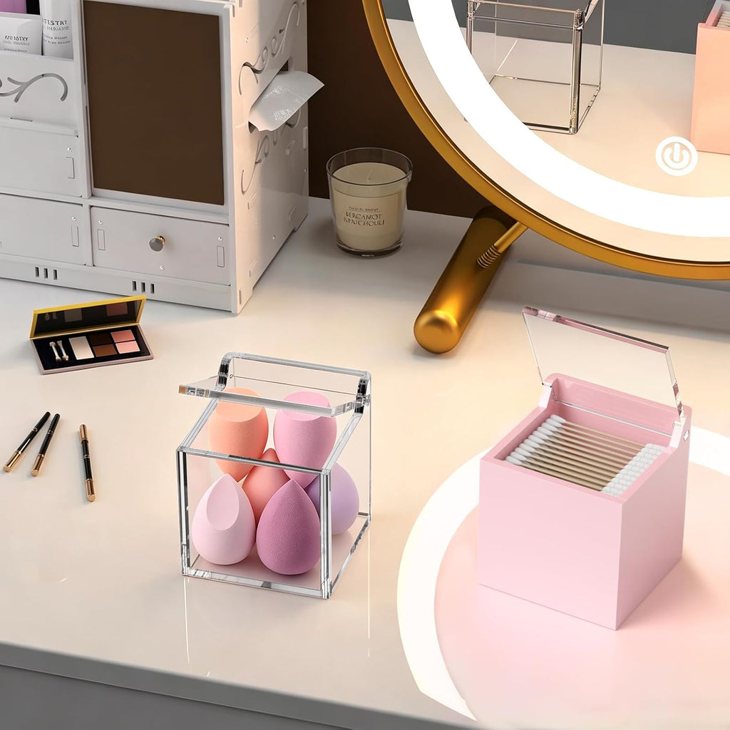 Qtip Holder Dispenser for Cotton Swabs, Balls, Pads, Floss Picks, Lightpink Acrylic Container with Lid Apothecary Jar Bathroom Accessories Canister Vanity Storage Organizer