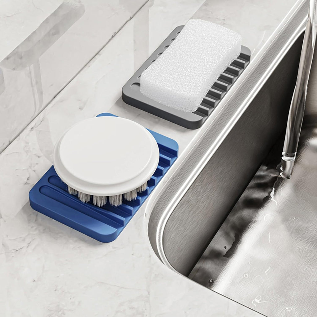 4-Pack Self Draining Soap Dish for Shower Bathroom Waterfall Silicone Soap Saver Tray Sponge Holder for Kitchen Sink Non-Slip Easy Clean (White)