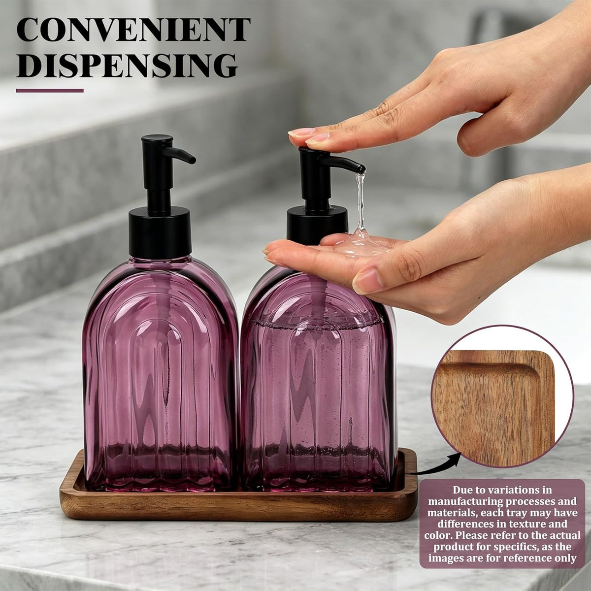 Glass Soap Dispenser Set with Wooden Tray, 13.5Oz Refillable Liquid Modern Soap Dispenser with Plastic Pump for Hand and Dish Set for Bathroom Countertop Decor (Purple)
