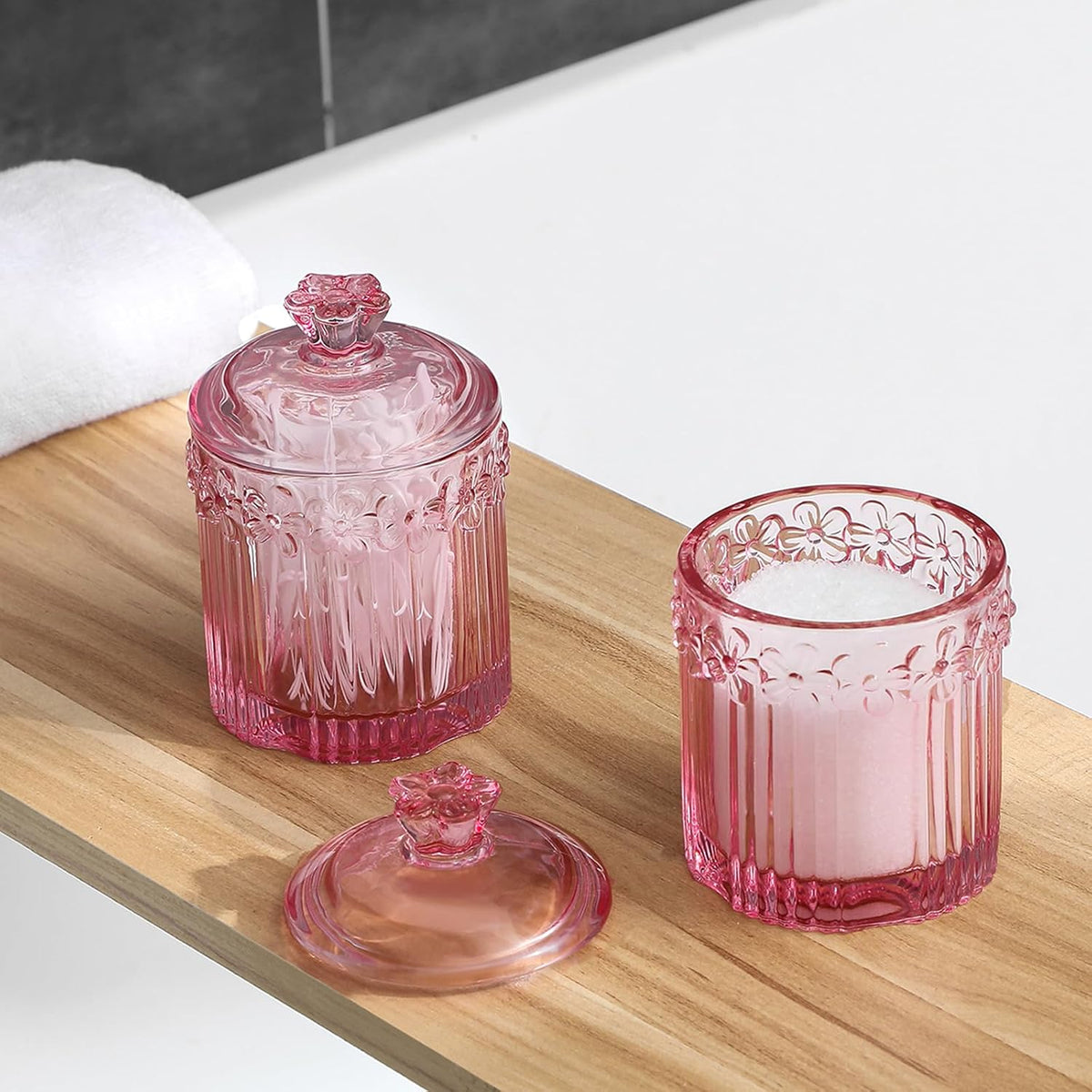 rejomiik 2 Pack Qtip Holder Glass Apothecary Jars with Lids, Pink