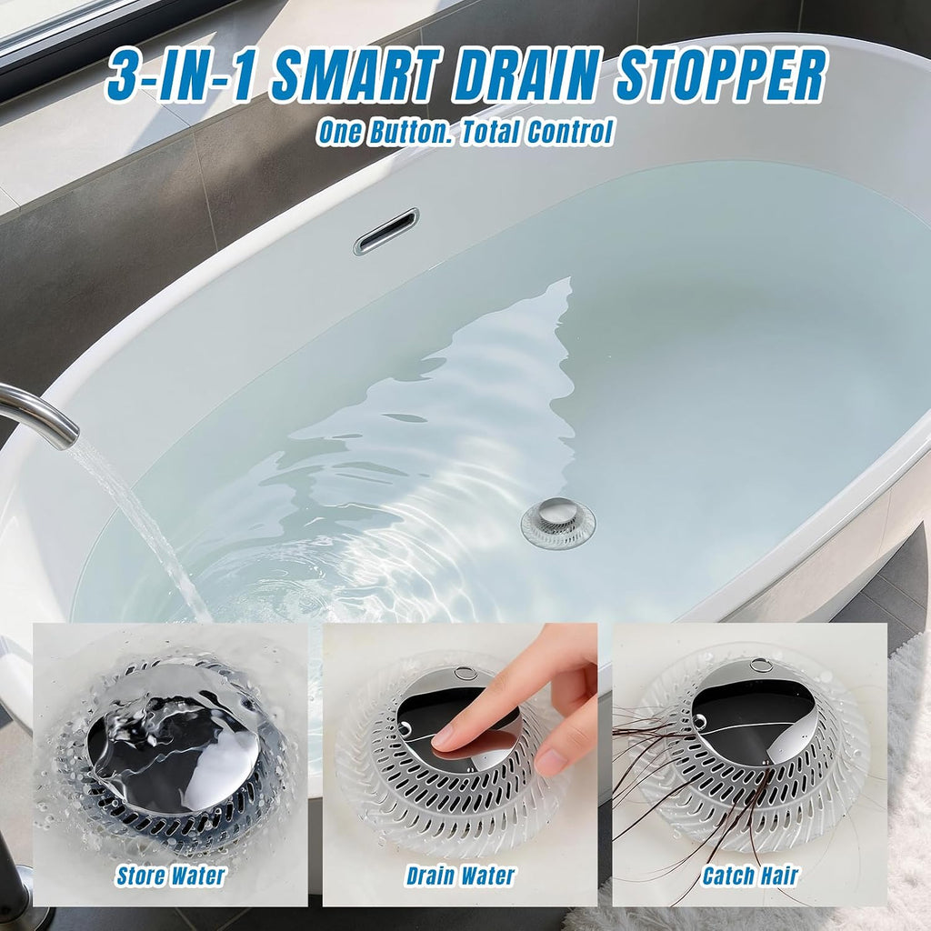 Hair Catcher Drain Stopper for Bathtub, Pop-Up with Silicone Filter, 3-Layer Brass Rust-Proof, One-Button Seal & Drain, Fits Standard U.S. Drains (1-1/2” & 1-3/8”), No Tools Needed