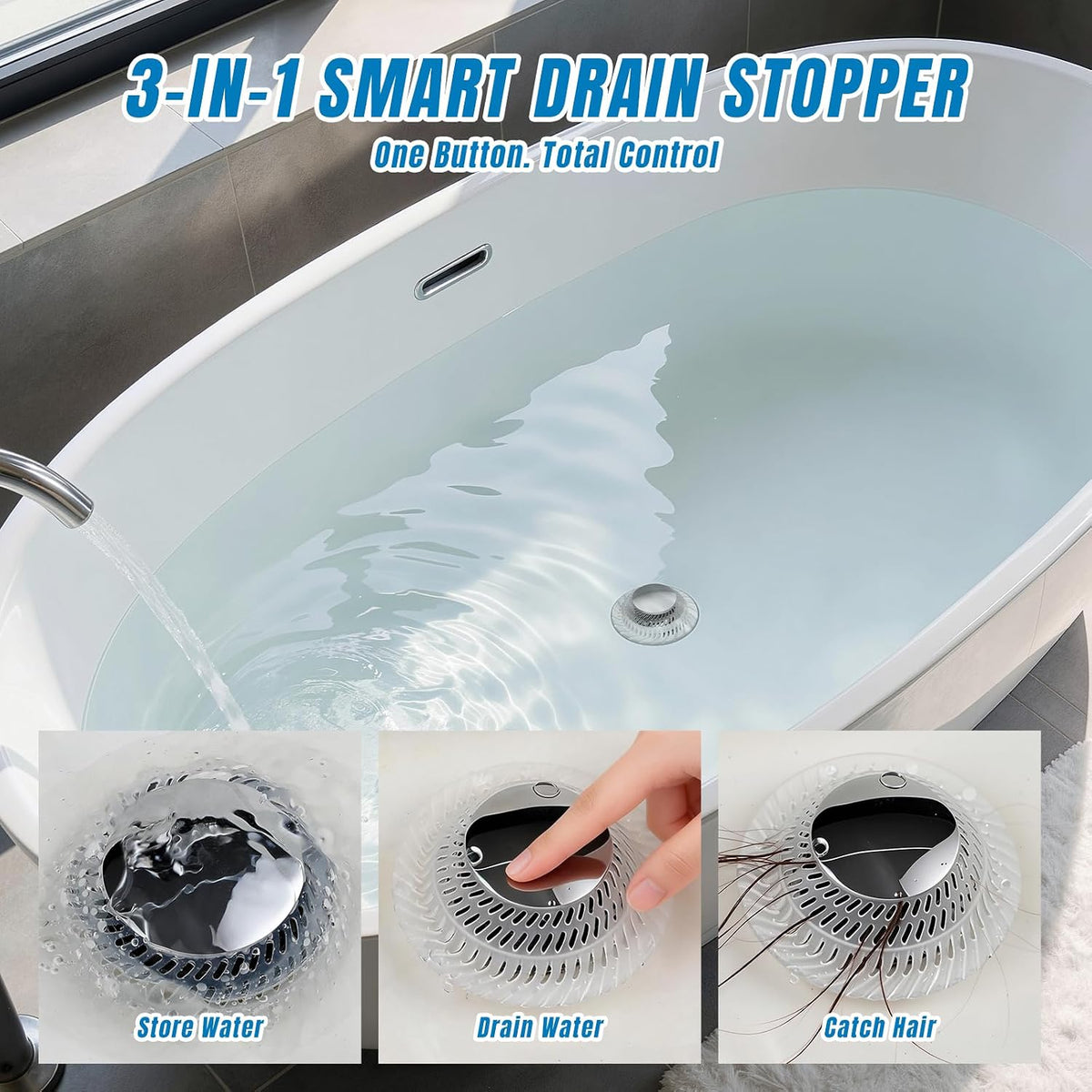 Hair Catcher Drain Stopper for Bathtub, Pop-Up with Silicone Filter, 3-Layer Brass Rust-Proof, One-Button Seal & Drain, Fits Standard U.S. Drains (1-1/2” & 1-3/8”), No Tools Needed