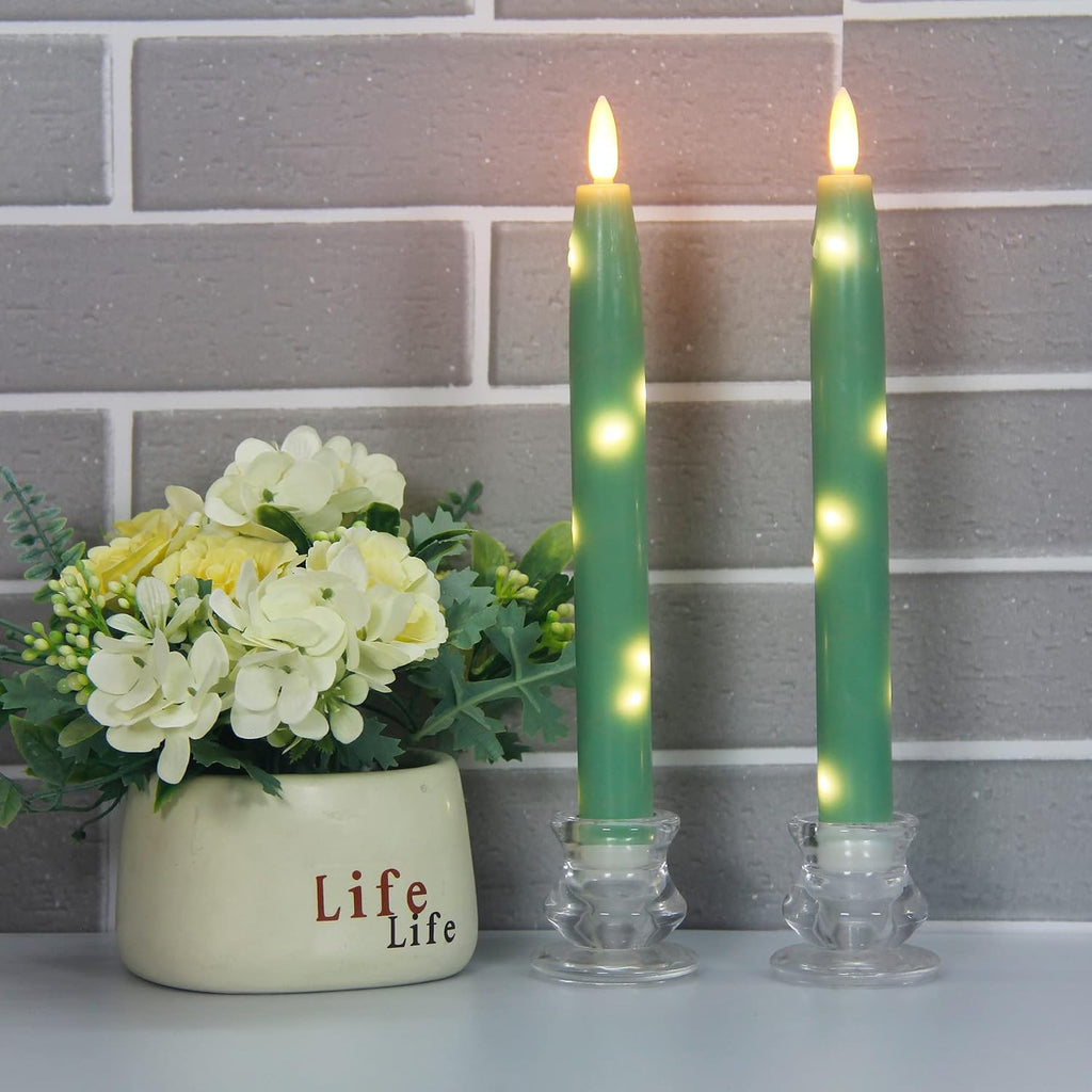Flameless Flickering Taper Candles Battery Operated with Embedded String Lights, wtih Timer and Remote, LED Real Wax Tapered Dinner Candle Set of 2 (Green)