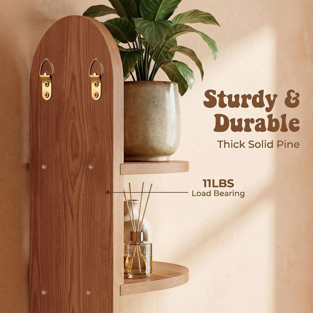 Boho Wall Decor Brown Plant Wall Shelf, 16.9in Walnut Floating Shelves for Wall, 2 Tier Mid Century Modern Decor Hanging Plant Shelf for Home, Bedroom Living Room Office Decoration