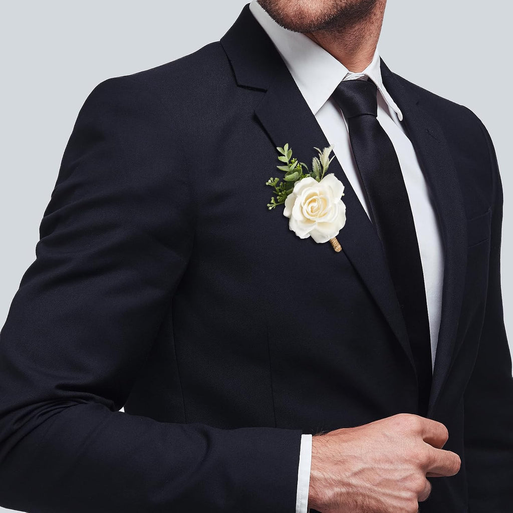 Gvhntk Ivory Rose Boutonniere for Men Wedding Set of 20 Groom Groomsmen Best Man Artificial Flowers Boutonniere for Wedding Ceremony Anniversary Prom Flowers Formal Dinner Party