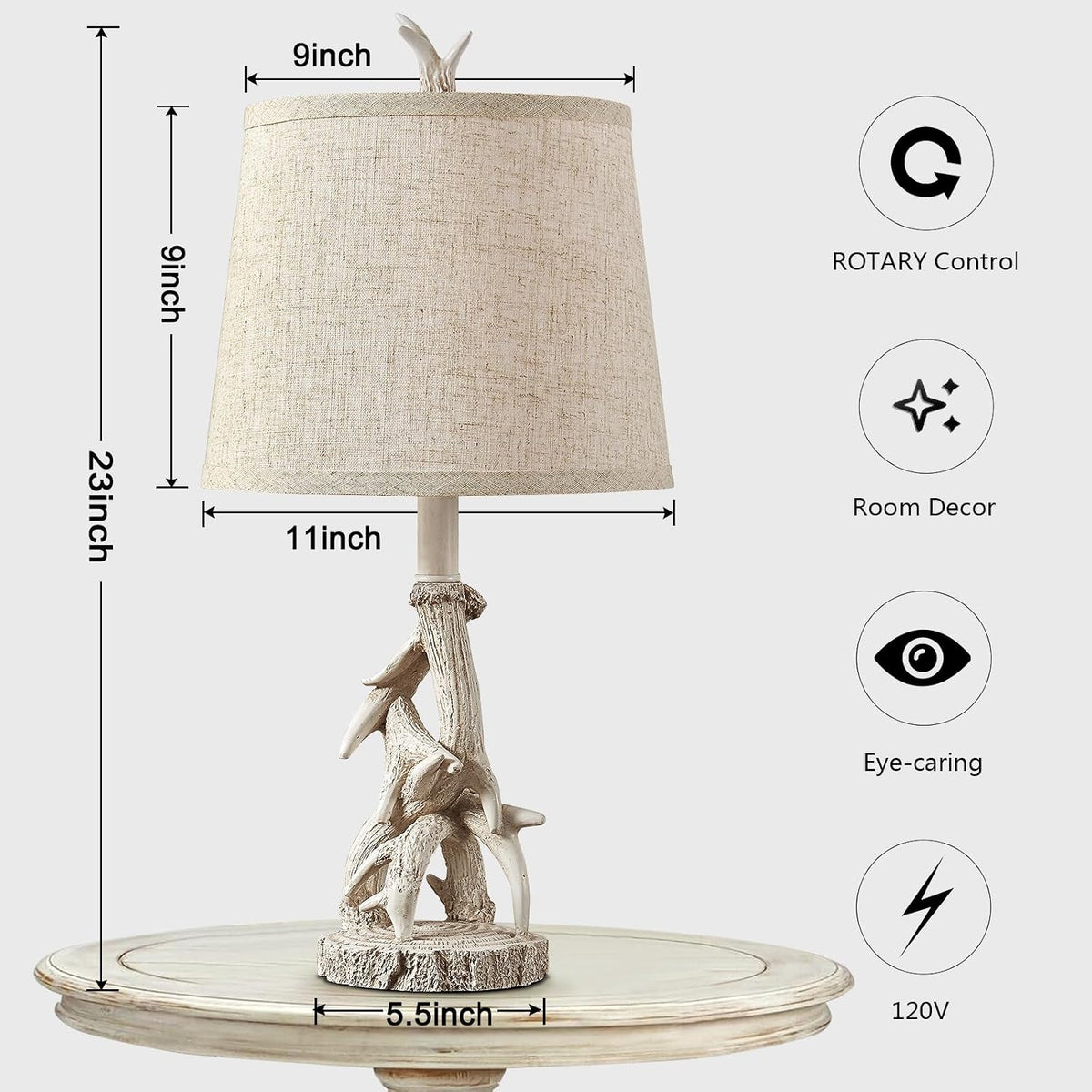 23'' Farmhouse Table Lamps for Bedroom Rustic Deer Antler Table Lamps Set of 2 Bedside Nightstand Lamp Western Log Cabin Lamp for Living Room Study Room Desk, White