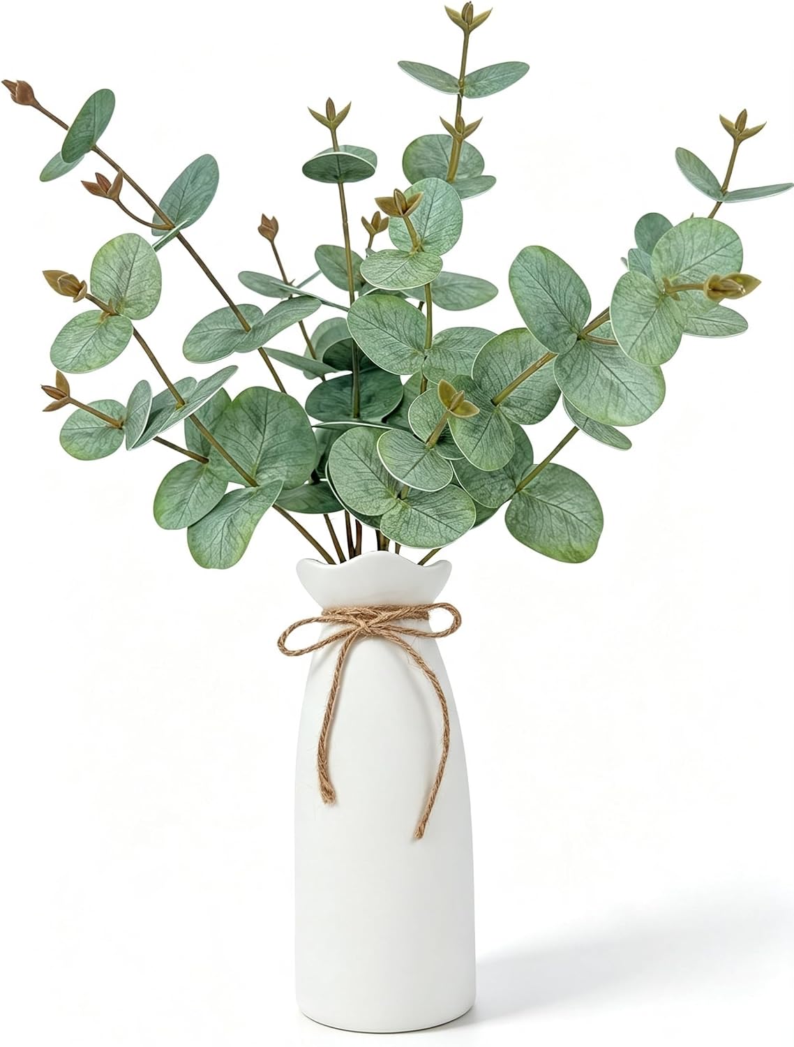 Artificial Eucalyptus Stems with Vase, 18" Fake Plant Greenery Branches Golden Leaves Faux Eucalyptus Stems for Home Office Farmhouse Wedding Table Centerpiece Décor