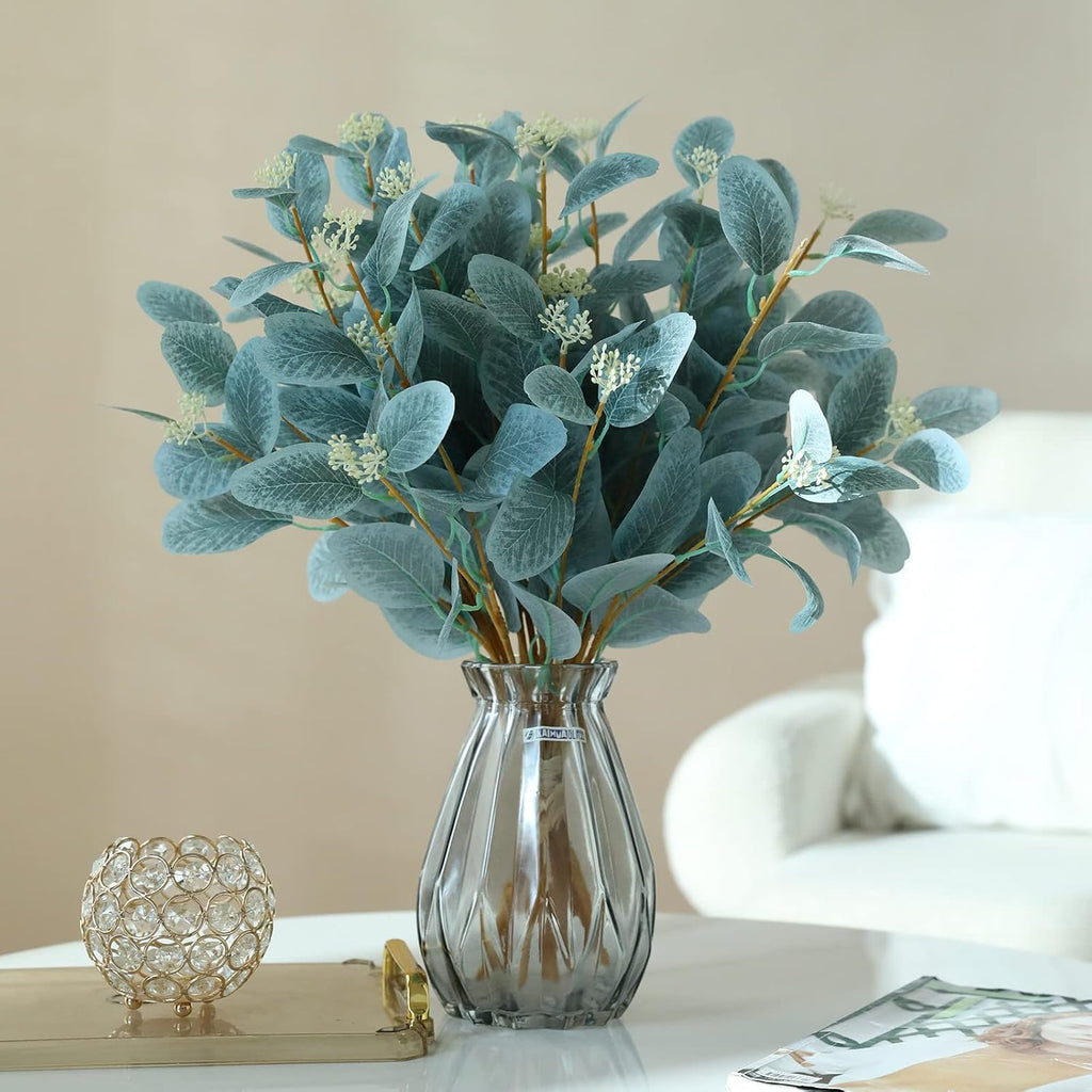 Sky Blue Artificial Eucalyptus Stems, 12Pcs 20" Branches with Beige Berries