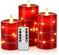 3 Pack Red Real Wax Flameless Taper Candles, Realistic Flickering LED Candles with Surrounding Fairy String Lights, Soft Warm Battery Candle Lights with Remote for Holiday Wedding Indoor Outdoor Decor