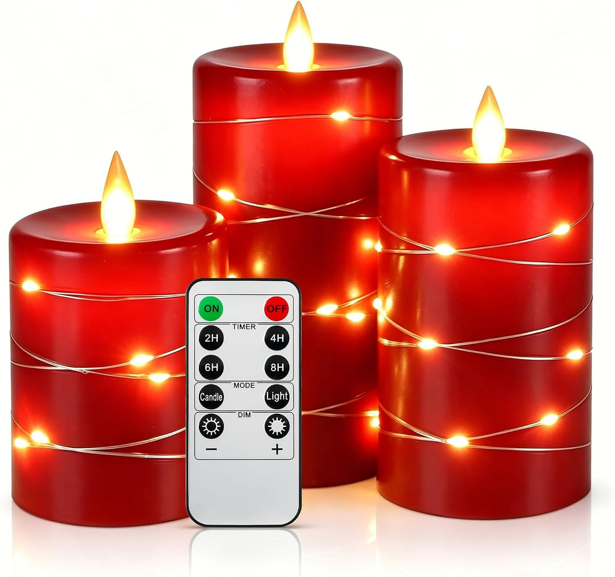 3 Pack Red Real Wax Flameless Taper Candles, Realistic Flickering LED Candles with Surrounding Fairy String Lights, Soft Warm Battery Candle Lights with Remote for Holiday Wedding Indoor Outdoor Decor
