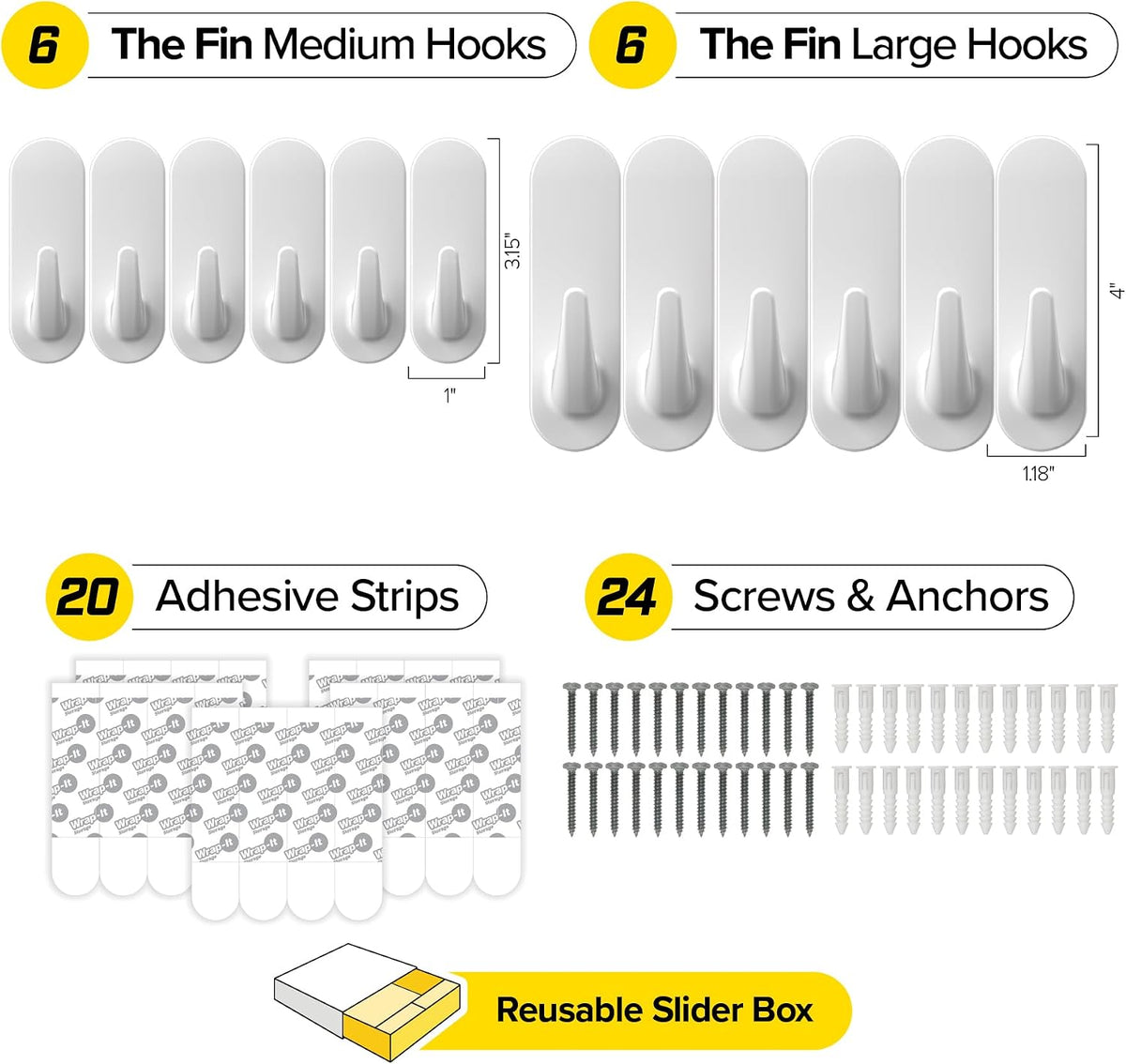 Wrap-It Storage Handy Hooks - The Fin Assorted 12 Pack (White)
