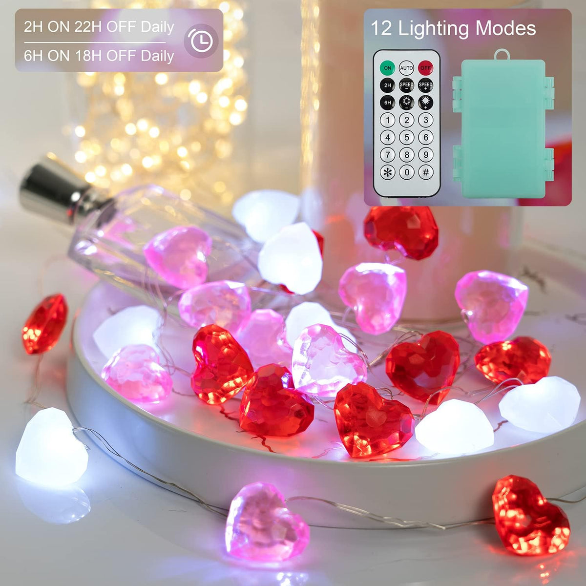 BOHON Valentine Day Decor 10 ft 30 LEDs 3D Heart Lights, Red White Pink