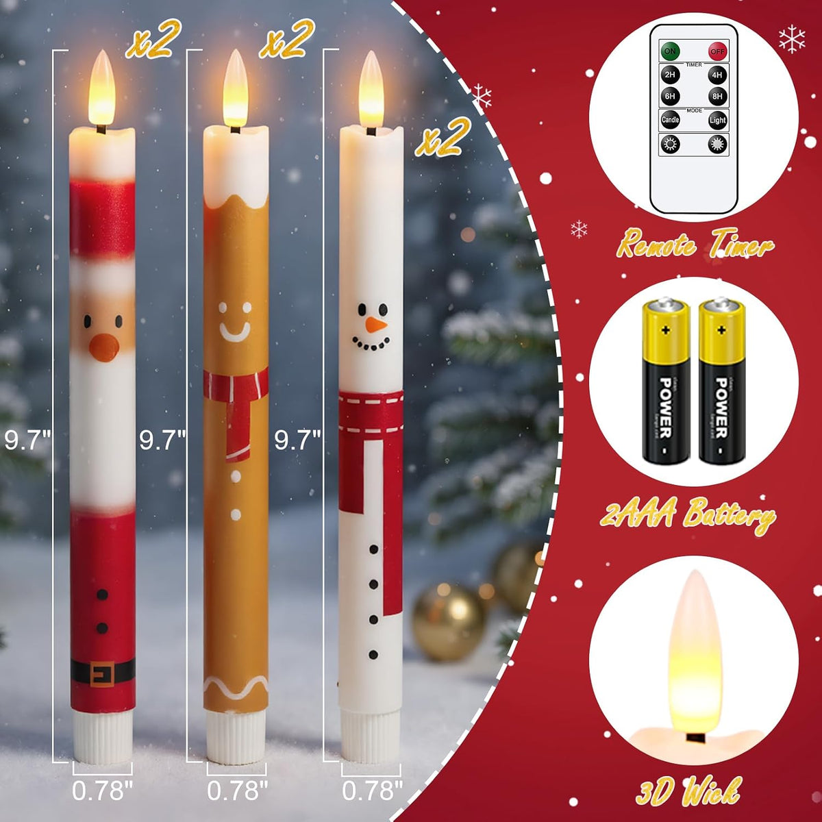 Christmas Flameless Taper Candles Battery Operated with Remote Timer