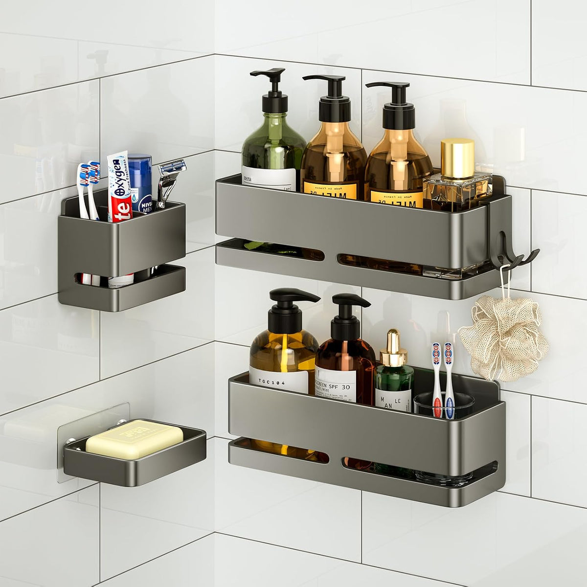 Bathroom Shower Caddy,No Drill Shower Shelves(5-piece Set-Grey)