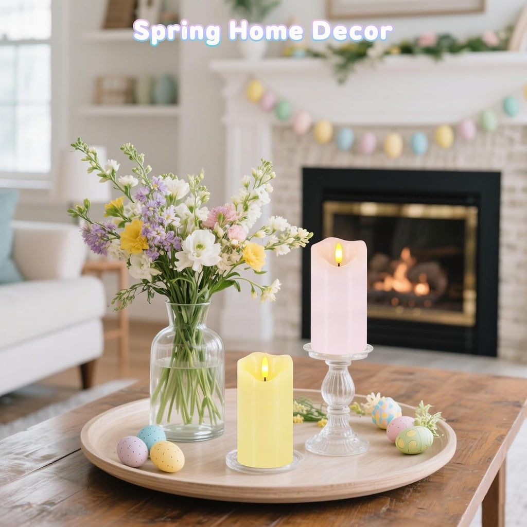 Flameless Candles Light, Set of 2 6"x3" Flickering Pastel Spring LED Candles with Remote & Timer, Dimmable Real Wax Easter Pillar Candles Battery Operated for Home Spring Easter Decor (Pink Yellow)