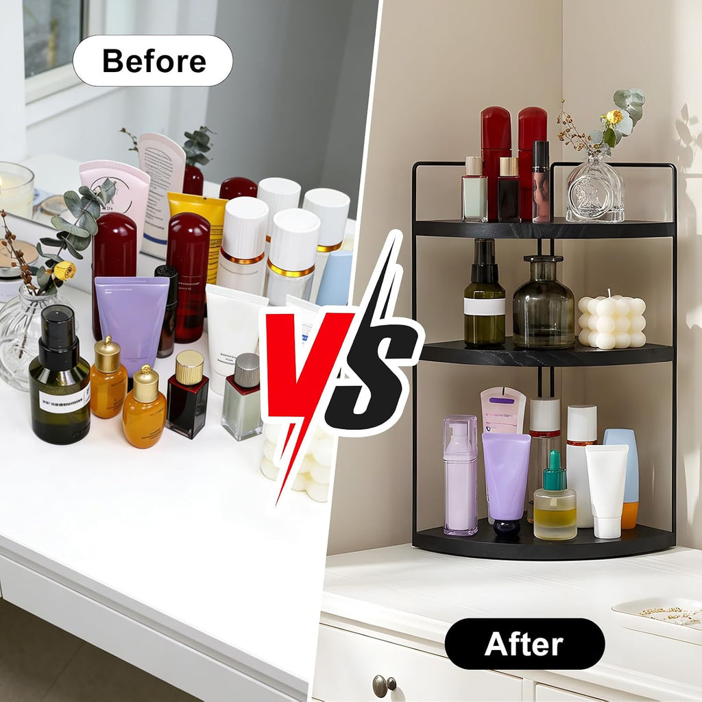 Corner Bathroom Counter Organizer Countertop Black, 3-Tier Corner Shelf Wood Vanity Tray Easy Assembly Space Saving Shelf for Kitchen, Bathroom, Dresser, Makeup, Office