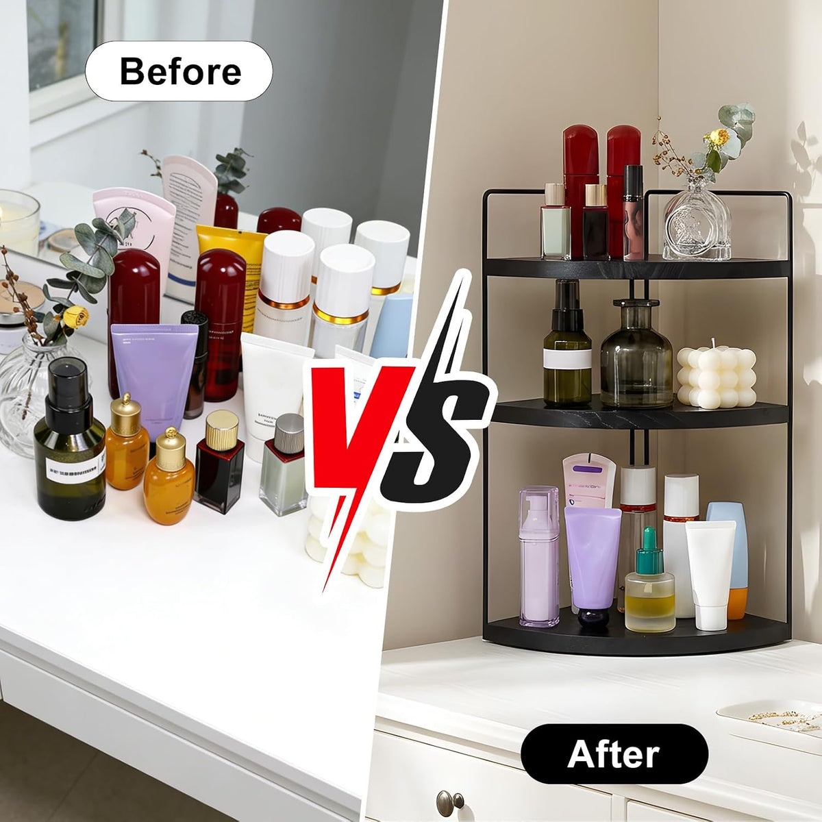 Corner Bathroom Counter Organizer Countertop Black, 3-Tier Corner Shelf Wood Vanity Tray Easy Assembly Space Saving Shelf for Kitchen, Bathroom, Dresser, Makeup, Office