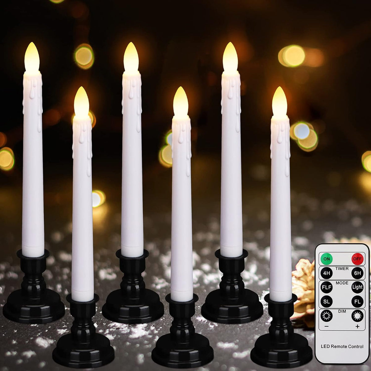 Daord LED Battery Operated Window Candle with Remote & Timer Flickering Warm Light Christmas Flameless Taper Candles for Party Holiday Wedding Home Table Decoration (Pack of 6,White+Black Holder(A))…