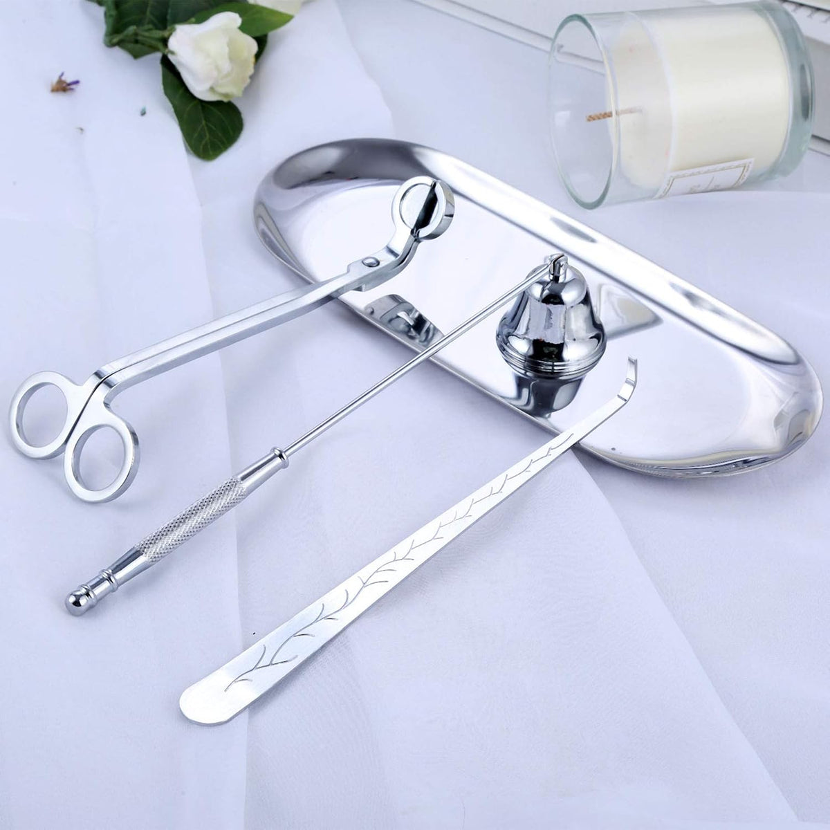 MUXSAM 4 in 1 Candle Accessory Set, Candle Wick Trimmer Candle Cutter, Candle Snuffer, Candle Wick Dipper, Storage Tray Plate, Candle Care Tools for Candle Lover, Thanksgiving, Christmas (Silver)