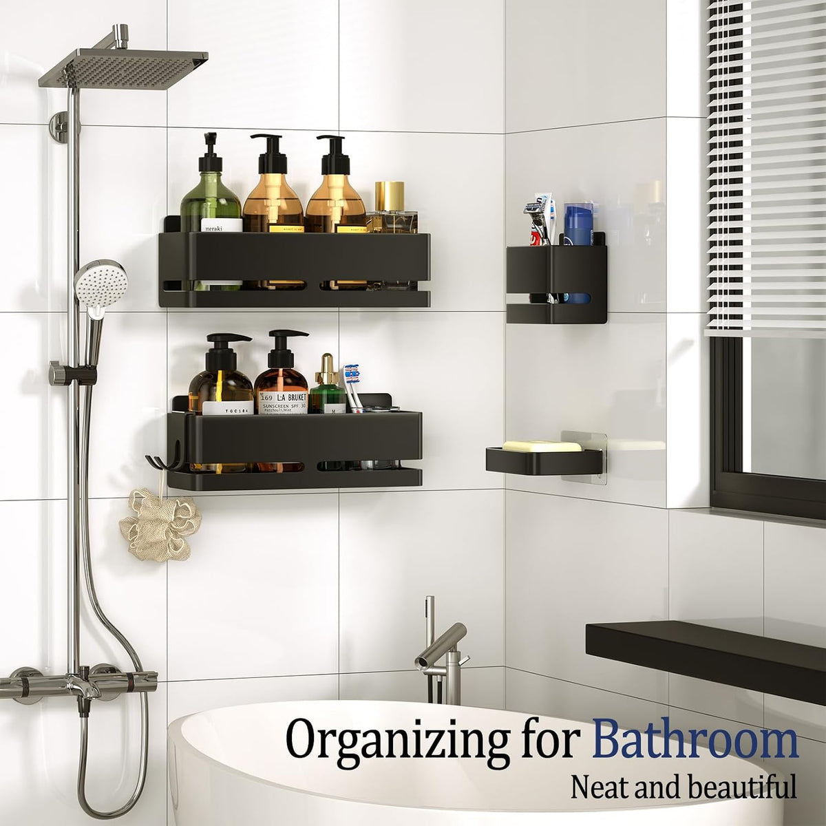 Bathroom Shower Caddy,No Drill Shower Shelves(5-piece Set-Black)