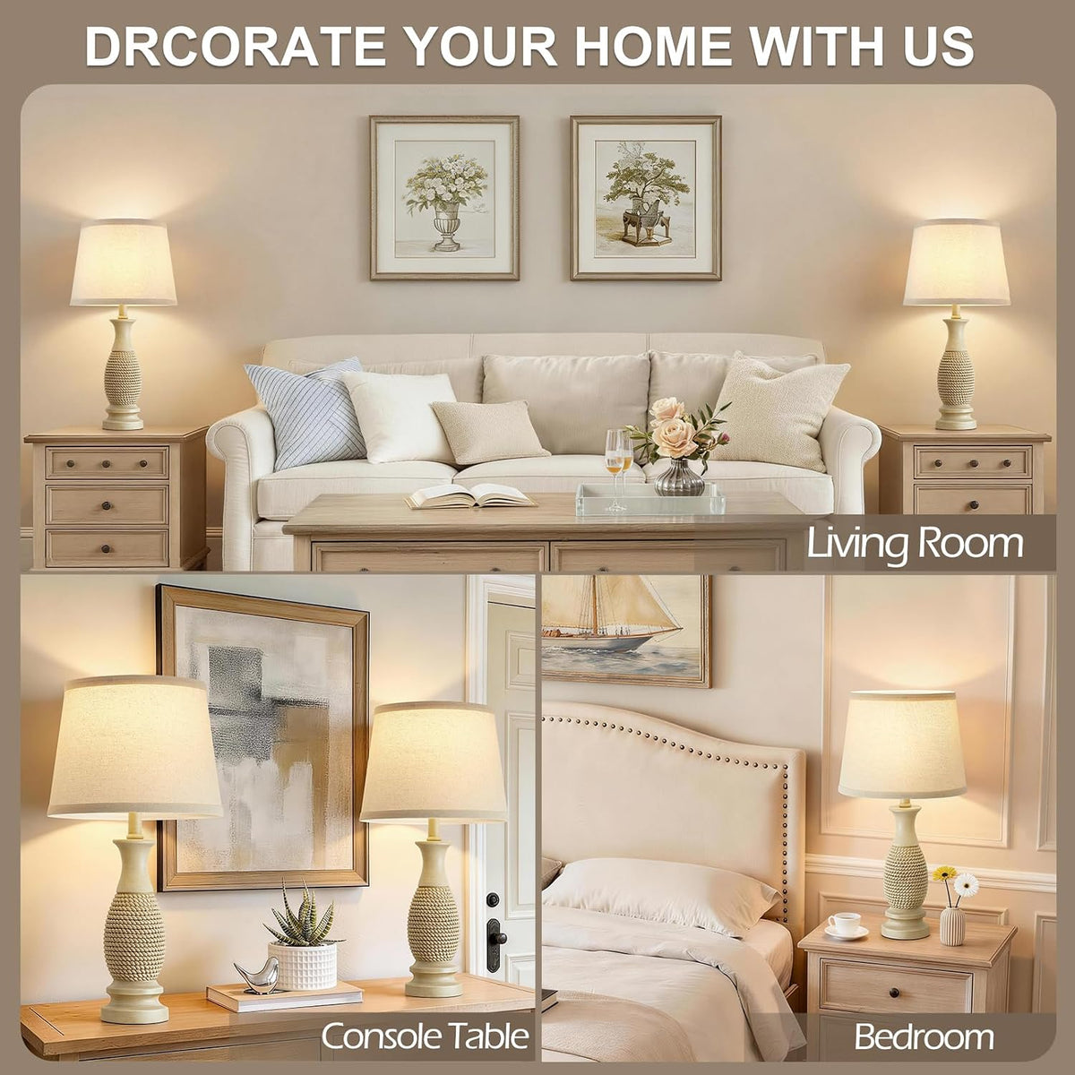 21.6" Nightstand Lamps Set of 2; Bedside Table Lamps for the Bedroom, Beige