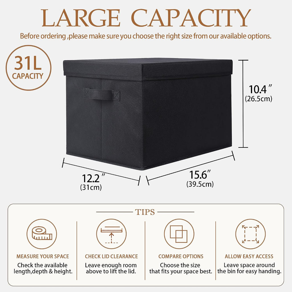 WUIKE Collapsible Storage Bins with Lids, Black, Extra Large, 3-Pack