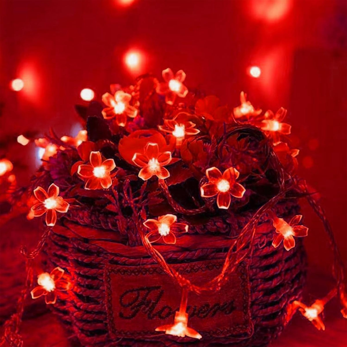 30 LED Red Flower Fairy Lights, Battery/USB Operated, Romantic Floral Decor