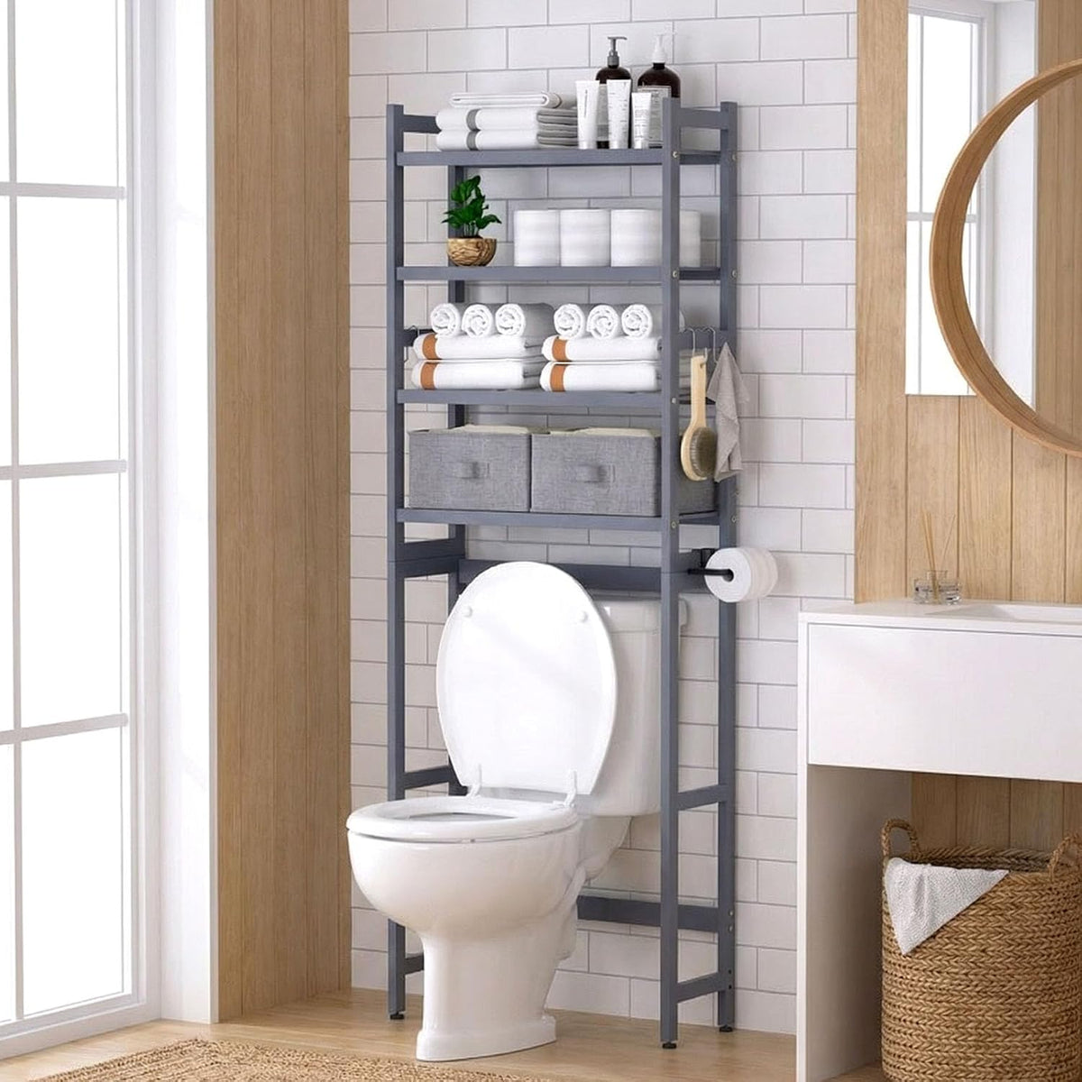 Homde Bathroom Over Toilet Storage Rack: Adjustable 4-Tier Bamboo (Grey)
