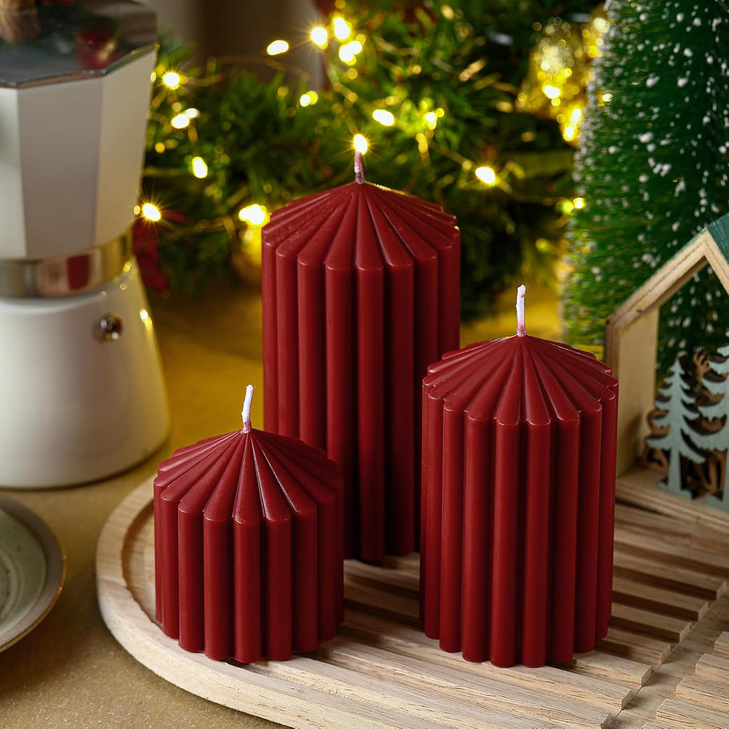 Set of 3 Christmas Ribbed Pillar Candles Soy Wax, 3 Heights, Dark Red