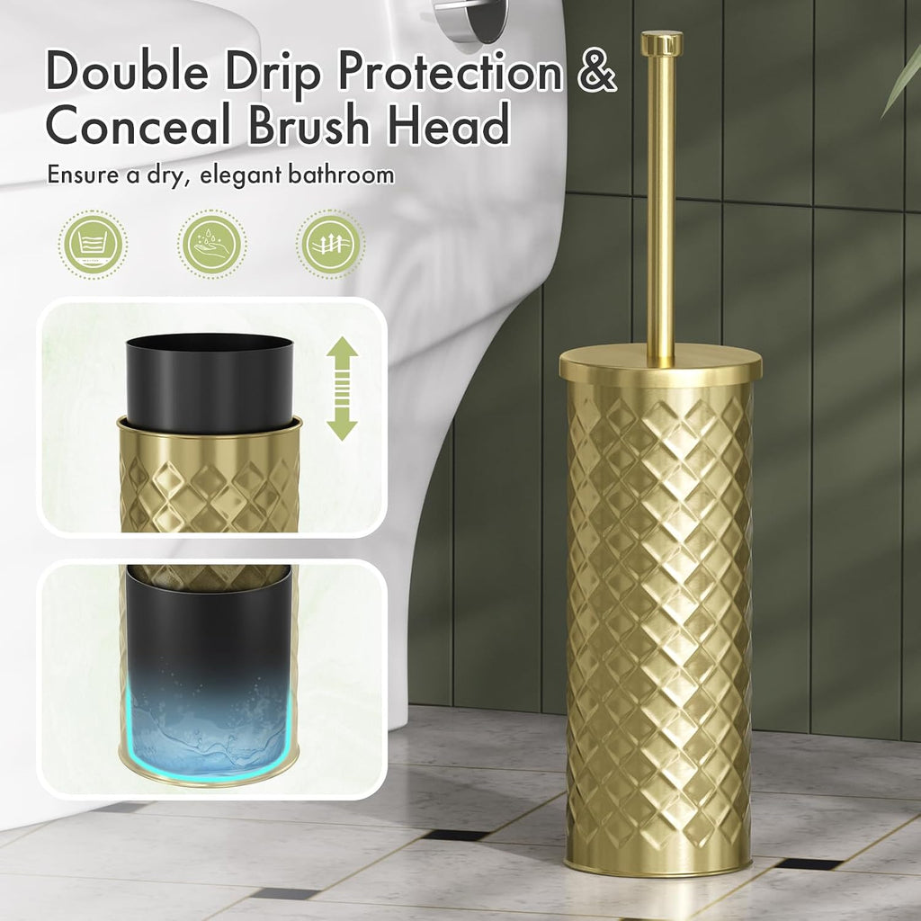 Toilet Bowl Brush and Holder Set 2 Pack with 4 Extra Brush Heads (Gold)