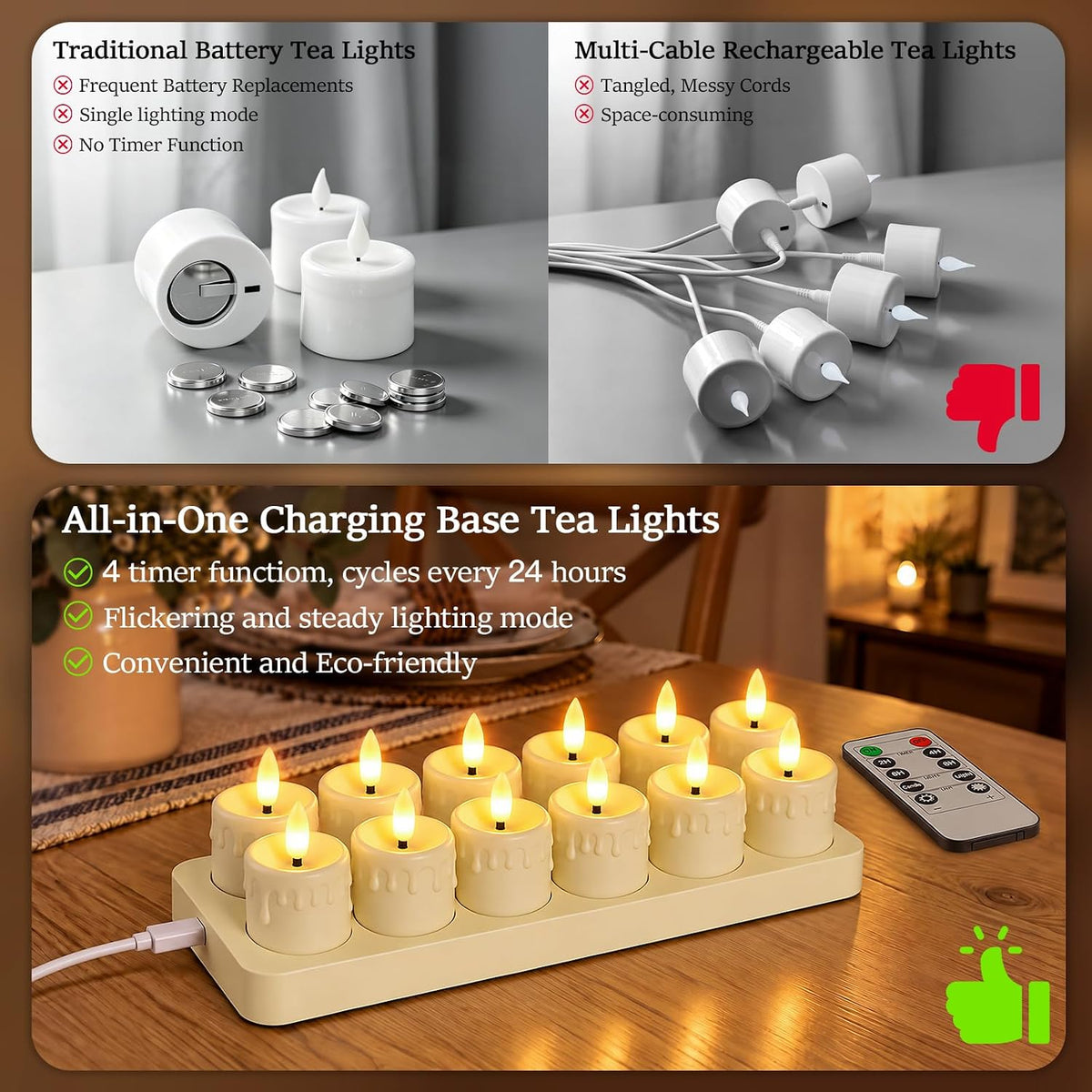Kimjo Rechargeable Flameless Tea Lights Candles with Charging Base, 12 Pack
