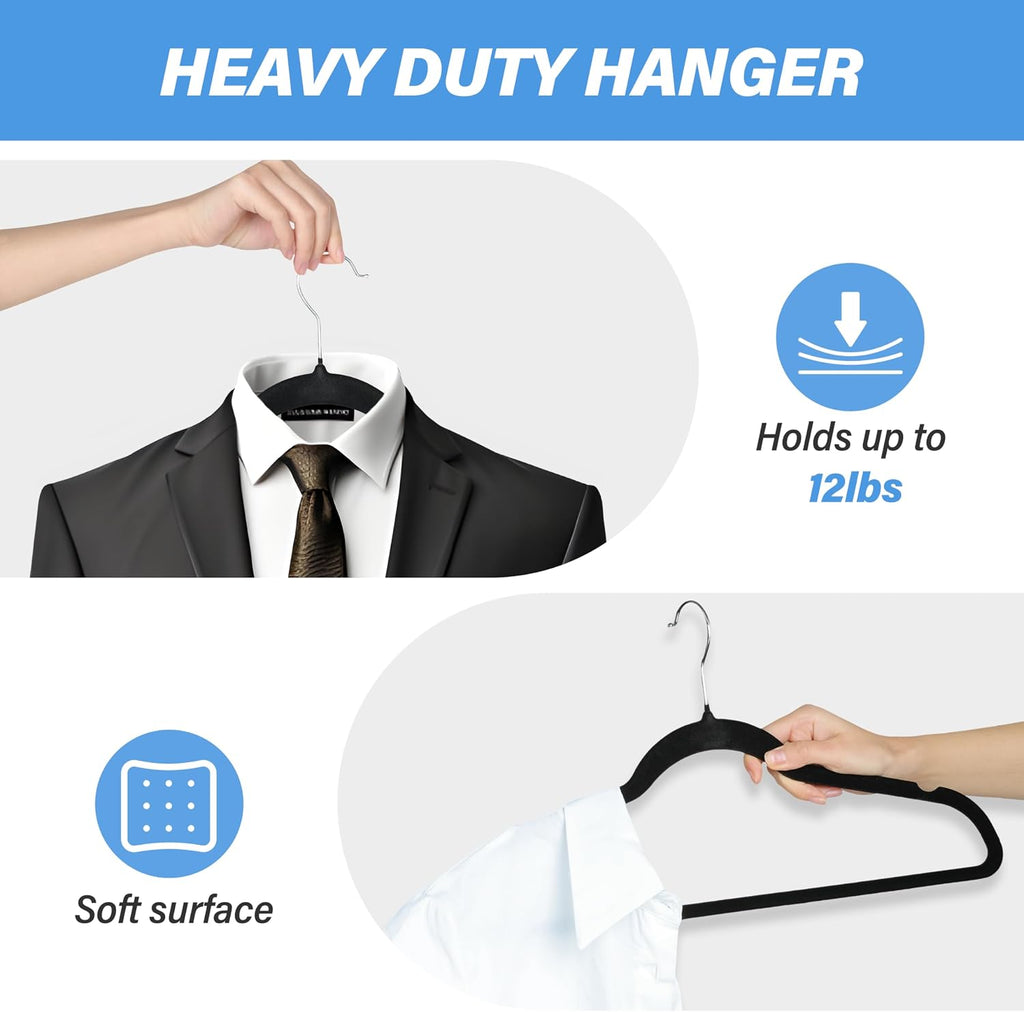 YSSOA Velvet Hangers 60 Pack, Non-Slip Clothes Hangers with Shoulder Notches, 360° Swivel Hooks, Heavy Duty Standard Hangers for Closet Space Saving, Black