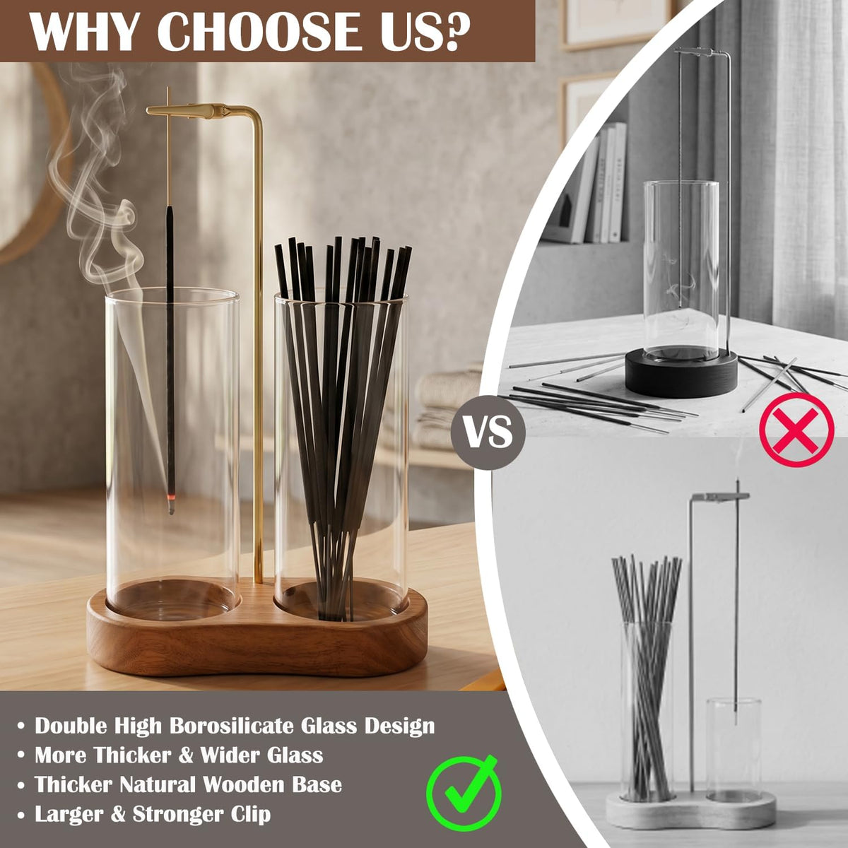 2PCS Incense Holder for Sticks with Glass Ash Catcher - Upside Down Anti-Ash Flying Incense Burner & Stick Storage Organizer (2PCS Upgrade Tall Cup)