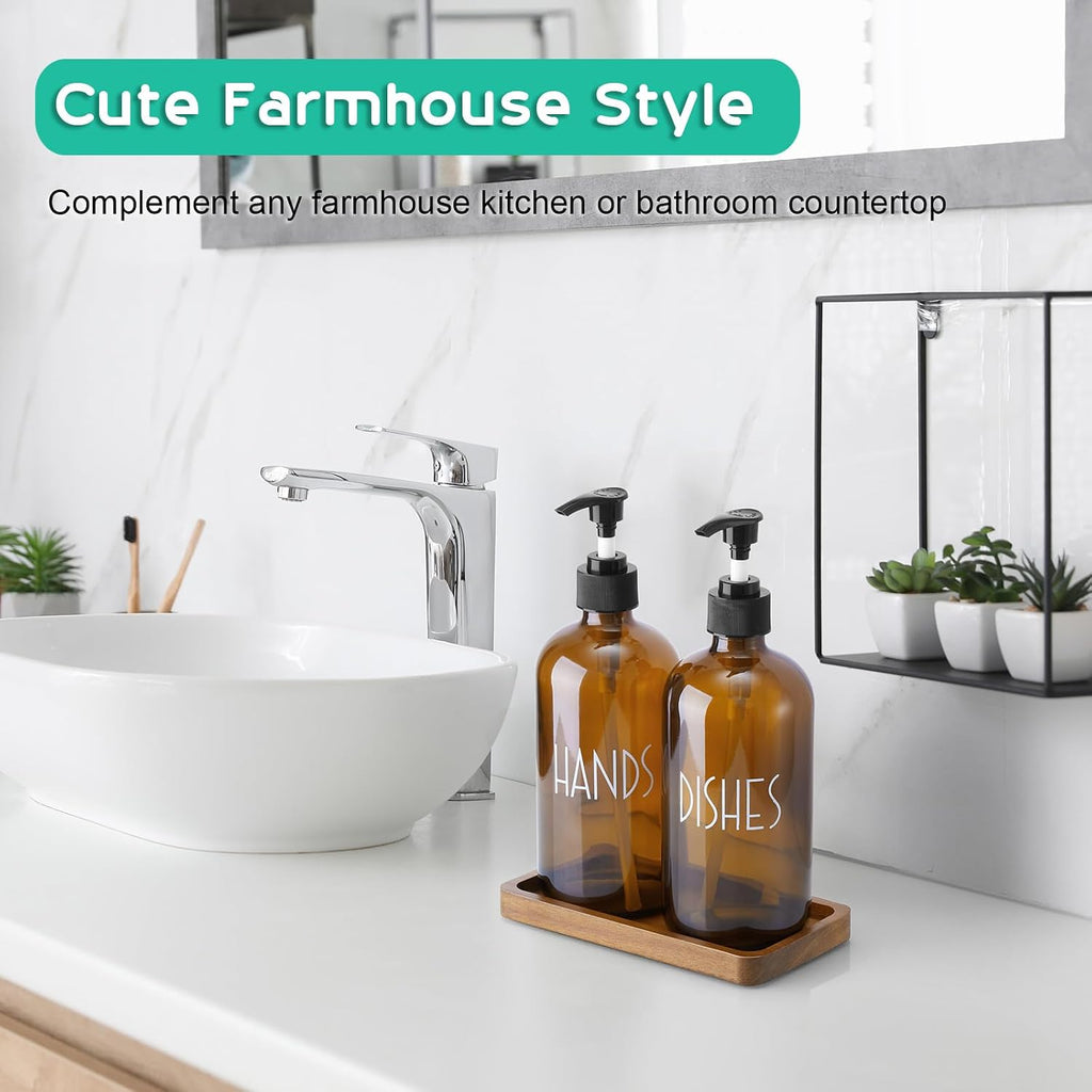 ALELION Amber Dlass Soap Dispenser for Kitchen - 16 OZ Hand and Dish Soap Dispenser Set with Acacia Wood Tray - for Kitchen Decor and Accessories