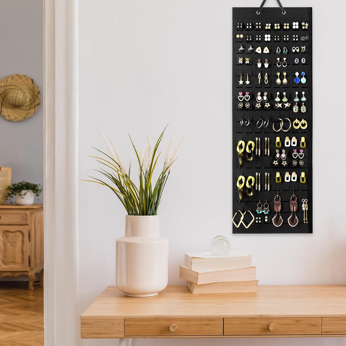 Lolalet Hanging Earring Holder Organizer with 20 Hooks for Women, Earring Organizer Wall Earrings Hanger Pierced Earring Storage, Felt Stud Earring Display, 608 Holes for Earrings - Black, 2 Pack