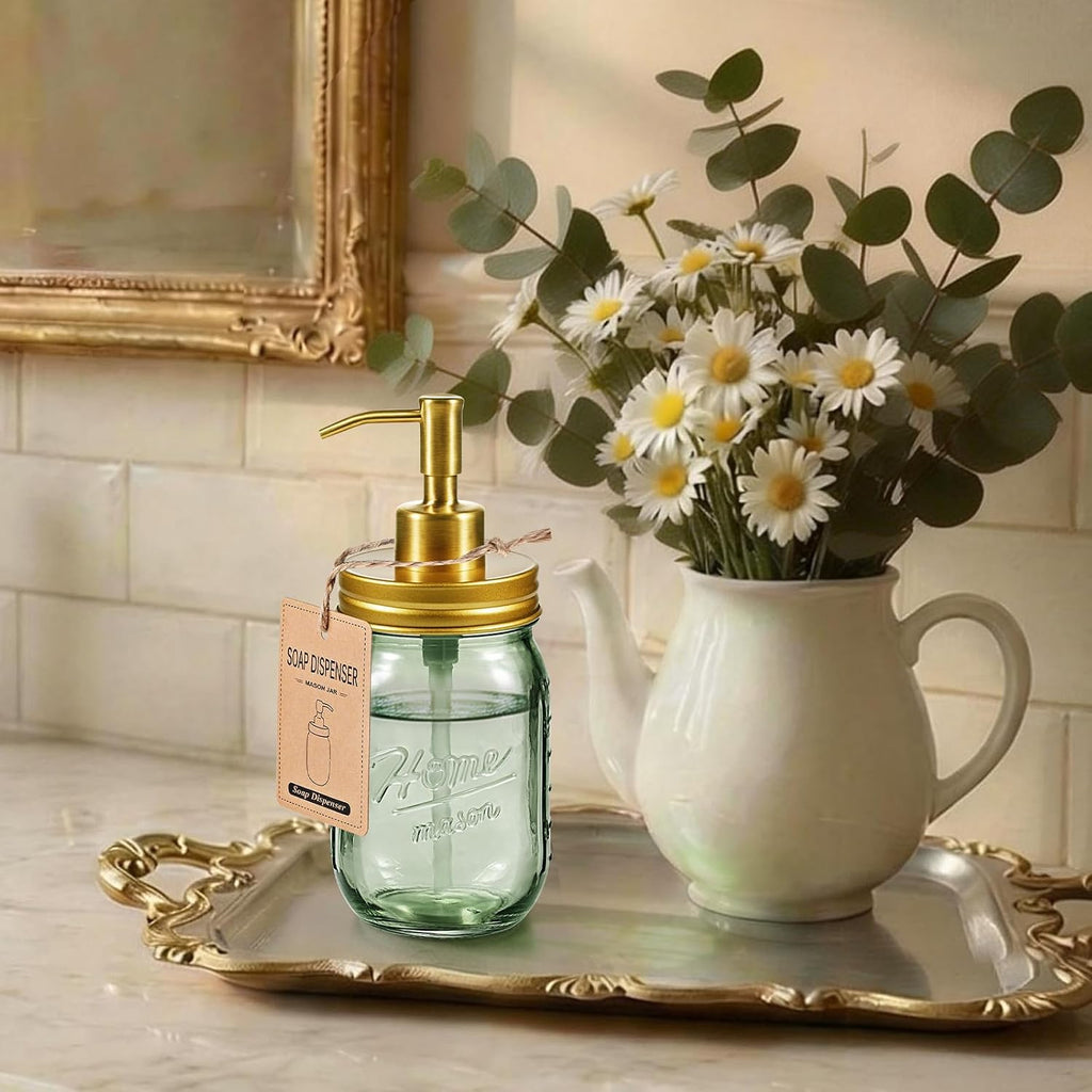 SheeChung Green Glass Mason Jar Liquid Soap Dispenser, 16oz, Gold, 2 Pack
